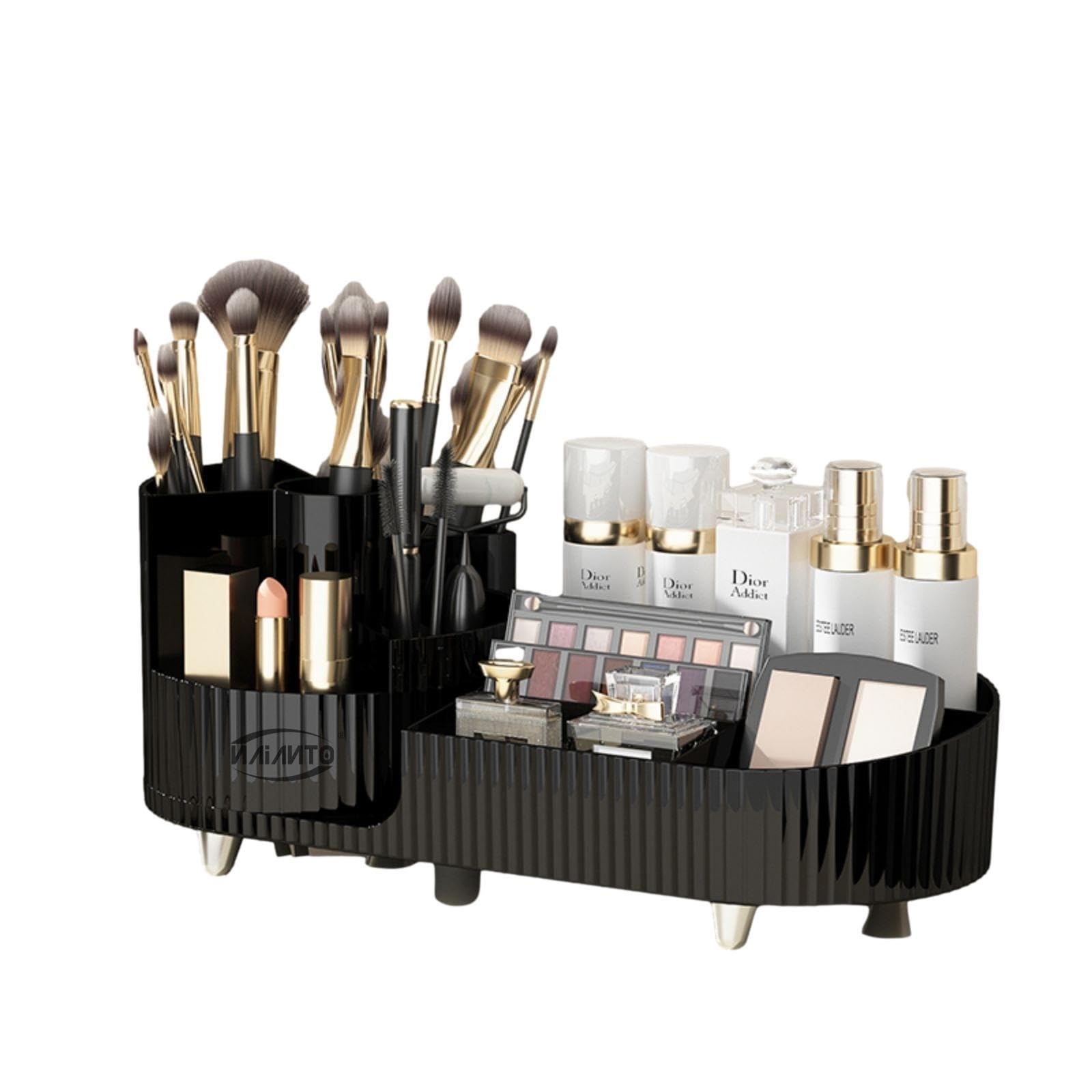 360° Rotating Makeup Organizer for Vanity | Cosmetic Storage Organizer with Brush Holder | Skincare & Lipstick Display Tray (Black) | Perfect for Bedroom Dresser, Bathroom Counter & Beauty Salon Organization