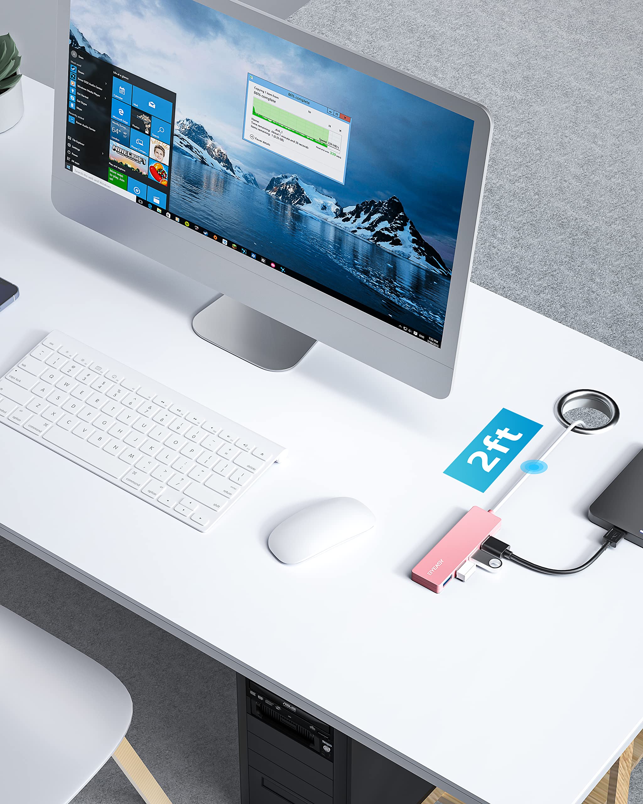 BYEASY 4-Port USB C Hub to USB 3.0 Adapter with 2ft Extended Cable - Ultra Slim Portable USB Splitter for MacBook, iMac, PC, PS4, Surface Pro, XPS | Expand Connectivity for Laptops, Gaming Consoles & Office Workstations