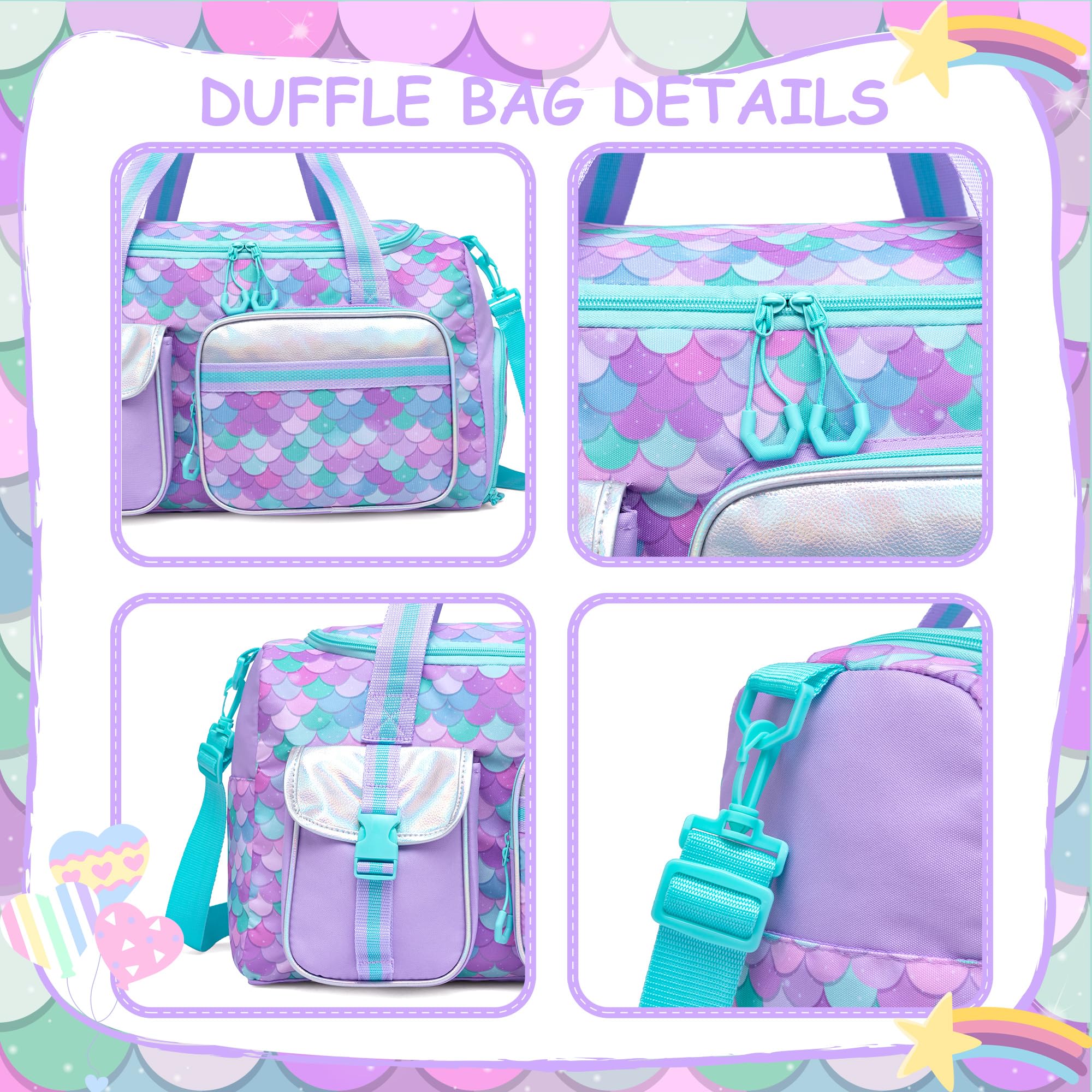**Mermaid Kids Duffle Bag - Girls Gym Bag, Travel Bag, Dance Bag, Overnight & Weekender Bag with Shoe Compartment - Perfect for School, Sports, Sleepovers & Travel**