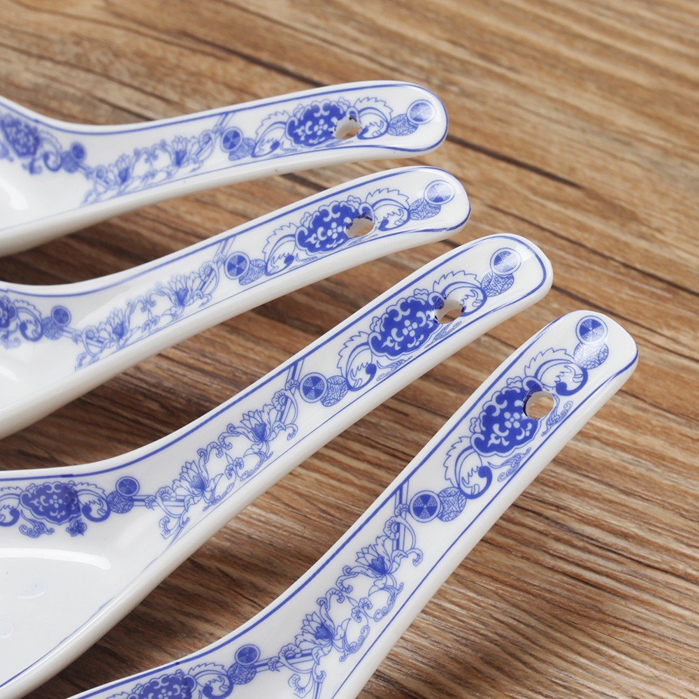 Porlien 4-Piece Blue Floral Porcelain Chinese Knot Soup Spoon Set - 5 Inch Elegant Asian Dining Utensils for Soup, Dessert & Tea Ceremonies