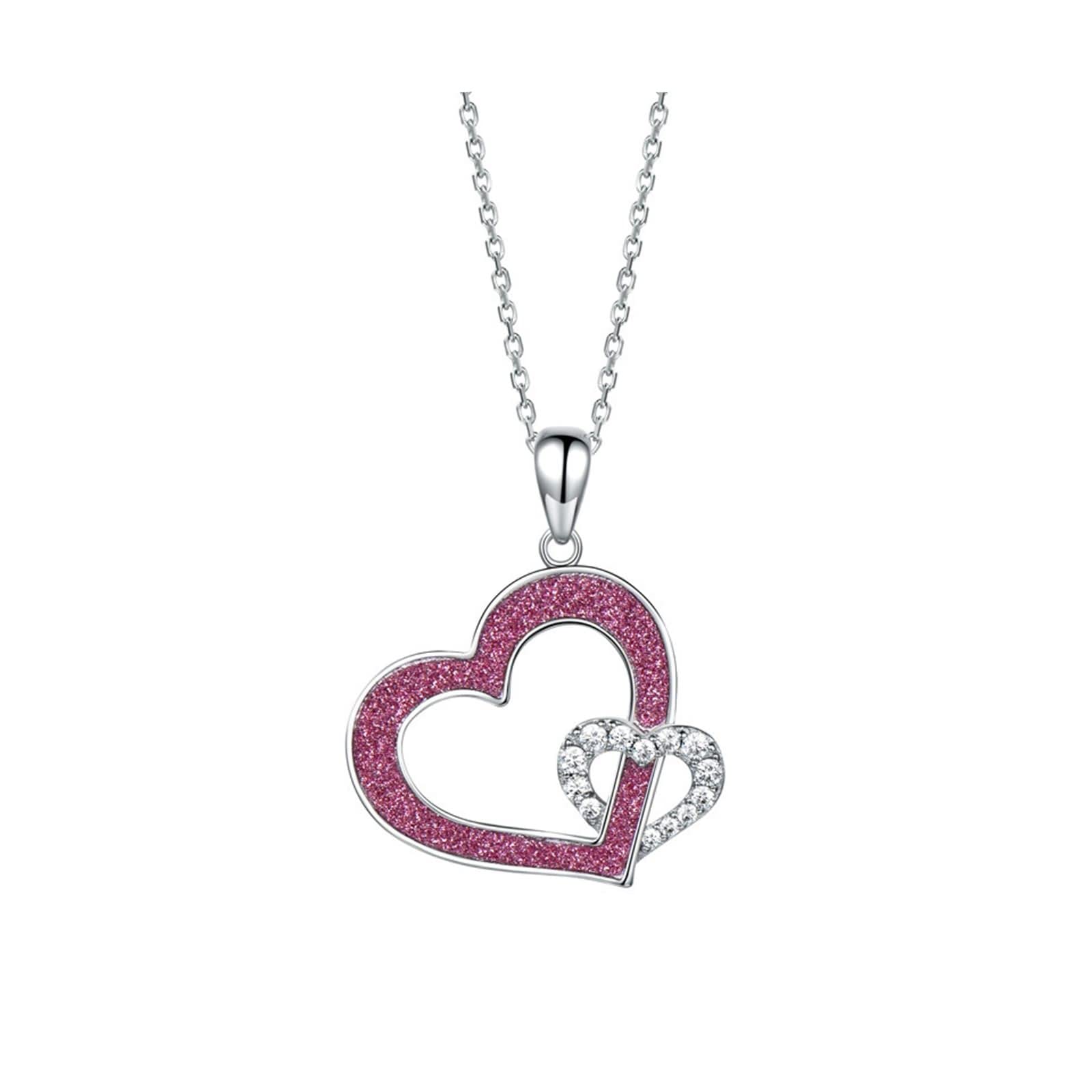 Daesar Sterling Silver Double Heart Friendship Necklace for Women with White Cubic Zirconia & Pink Accent - Perfect Gift for Best Friends, Sisters & Couples (Anniversary, Valentine's Day, Birthday)