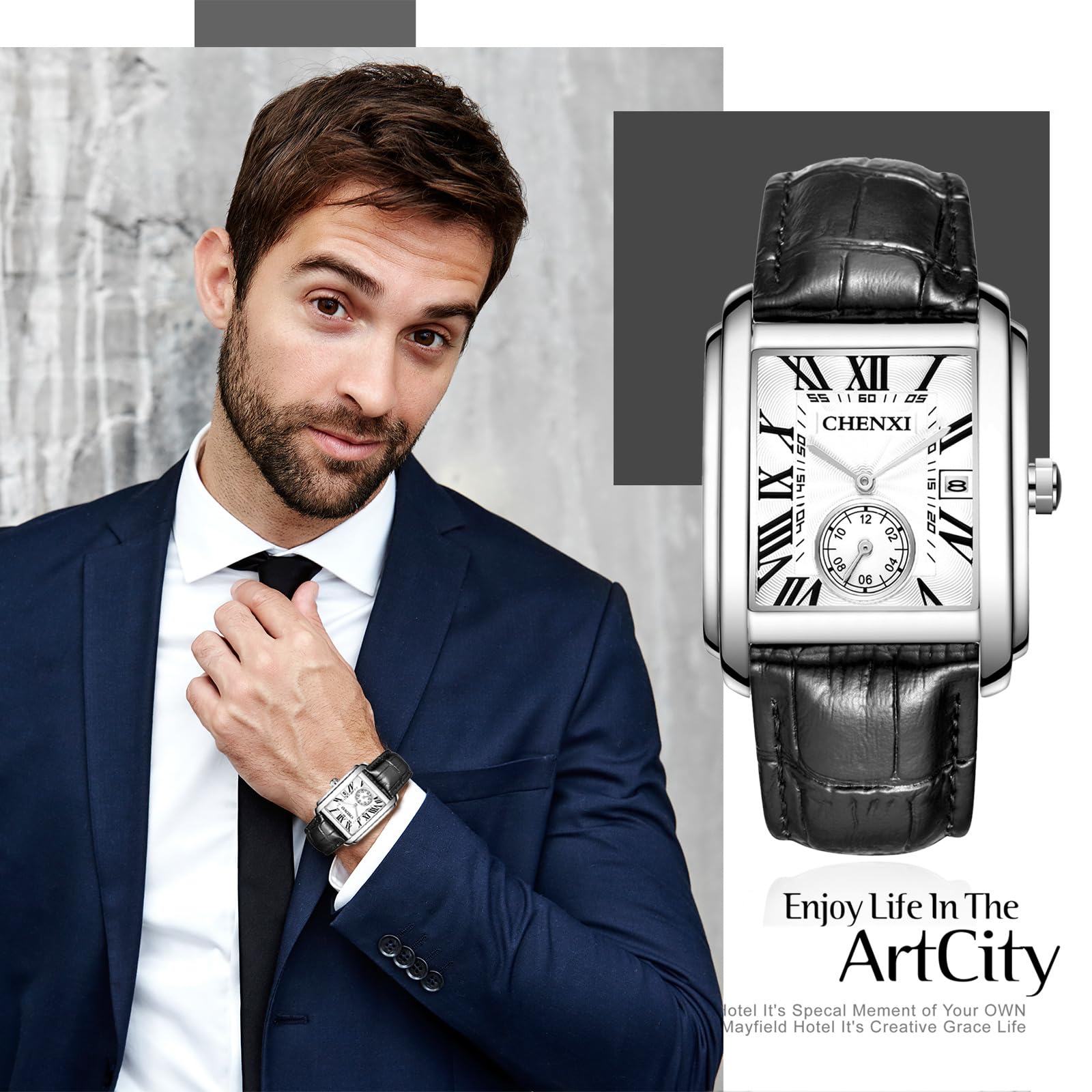 Avaner Men's Vintage Square Leather Analog Quartz Dress Watch with Date Display - Classic Business & Formal Timepiece for Office, Wedding & Special Occasions