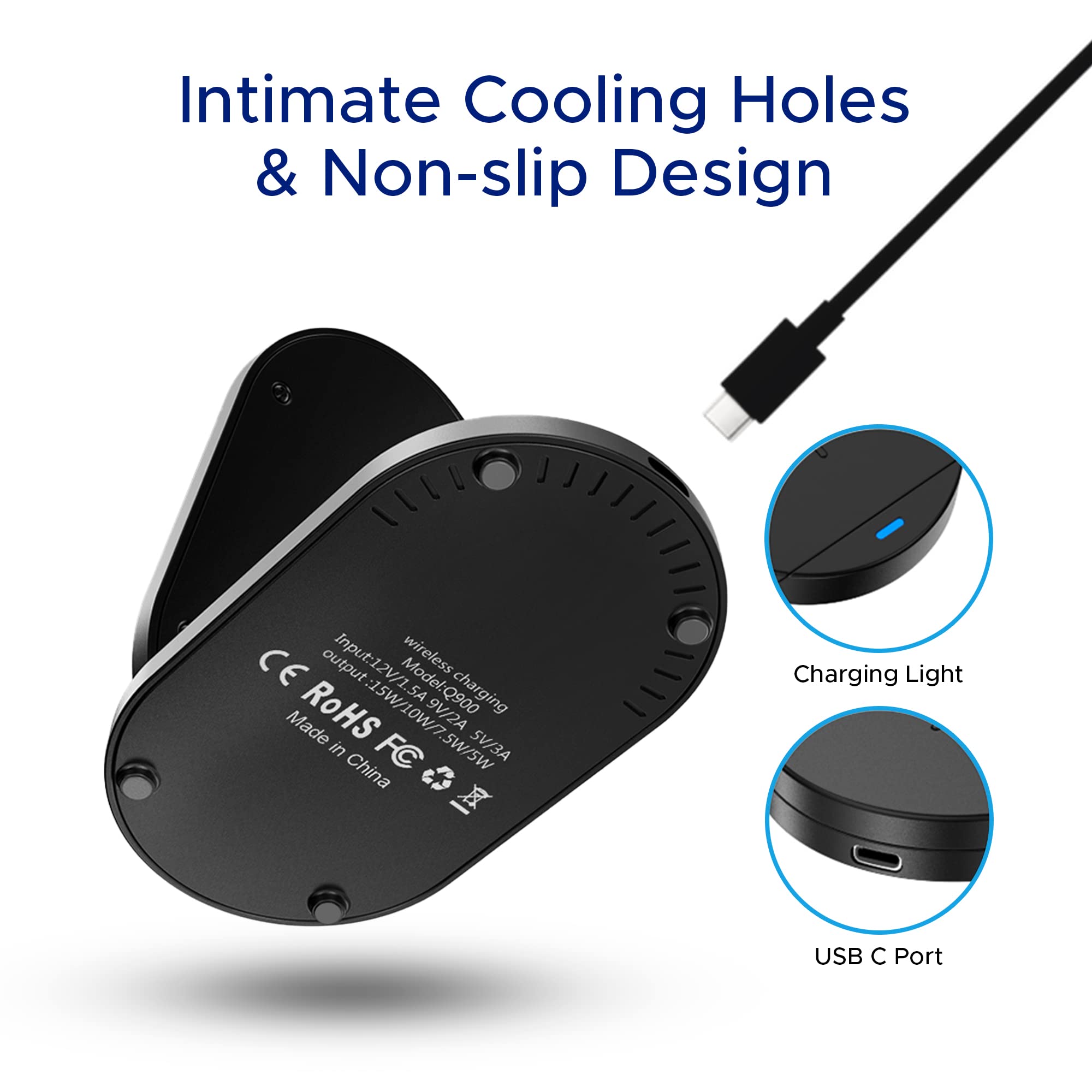 15W Fast Wireless Charger Stand for iPhone & Samsung Galaxy - Dual Coil Phone Charging Dock with Auto-Off Protection | Perfect for Bedside, Office Desk & Nightstand (Black) - USB-C Cable Not Included