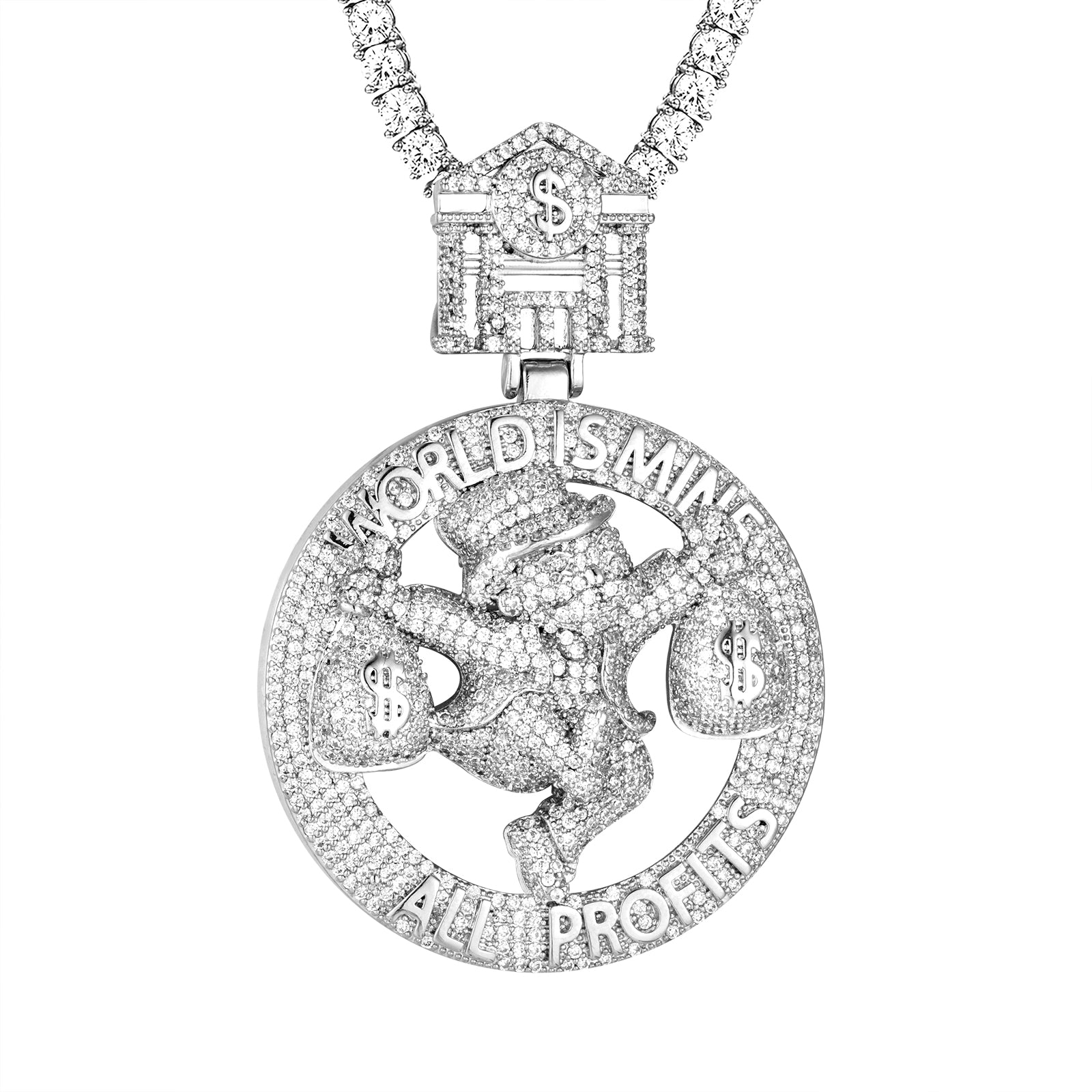 925 Sterling Silver 'World Is Mine' Dollar Bag Hip Hop Custom Pendant Necklace for Men - Perfect for Rappers, Streetwear Fashion & Hip Hop Jewelry Collection