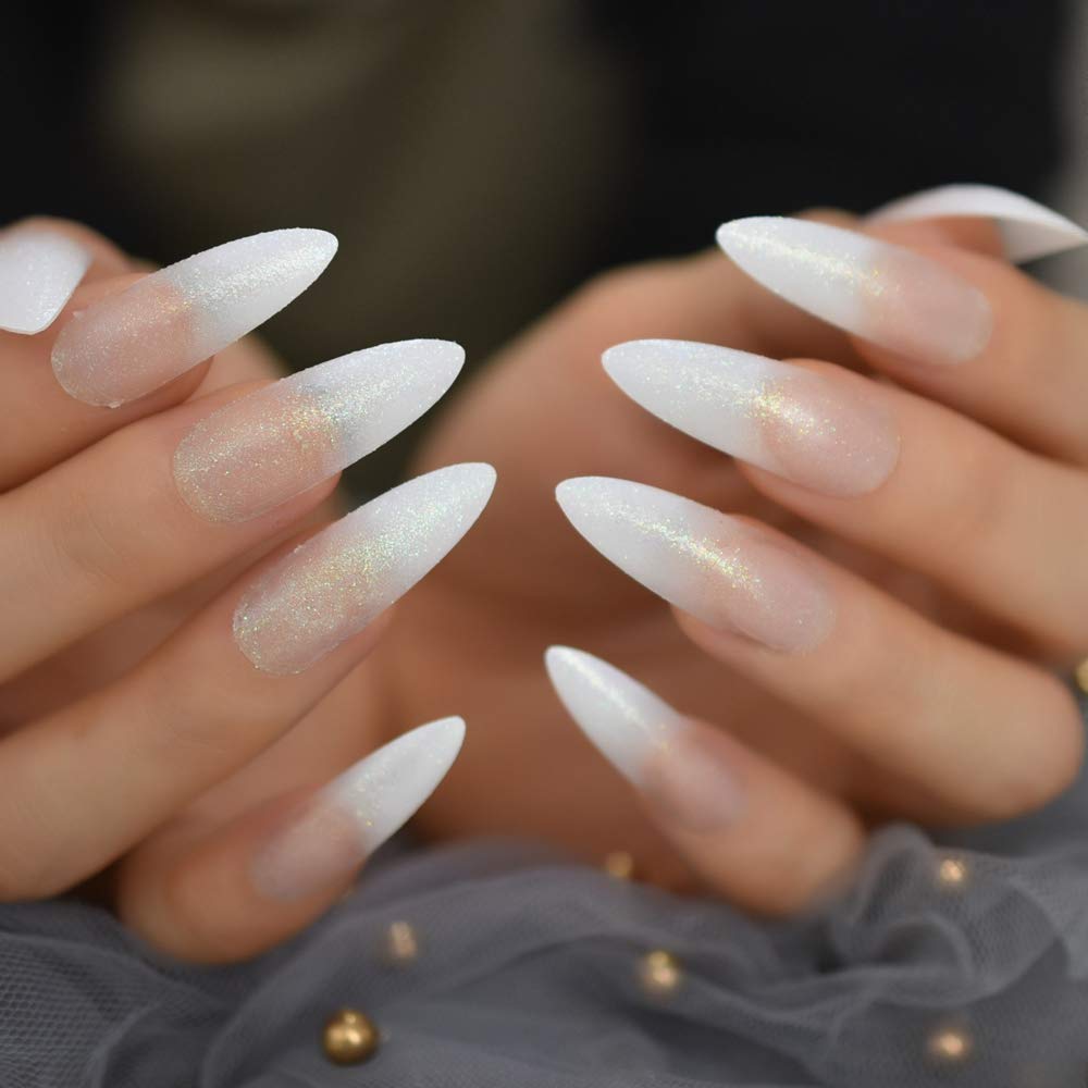 Extra Long Shimmer Glitter White French Press On Nails - Pre-Designed Fake Nails with Jelly Stickers for Easy Application | Perfect for Parties, Weddings & Special Occasions