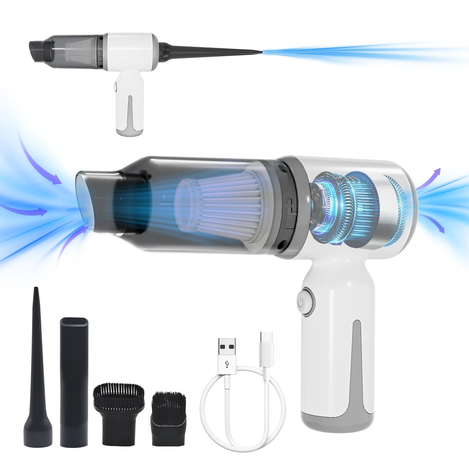 Mini Cordless Car Vacuum Cleaner - 9KPa Powerful Wireless Handheld Vacuum with USB-C Charging | 3-in-1 Portable Vacuum, Air Blower & Pump for Small Spaces | Perfect for Car, Home, Office & Travel Cleaning