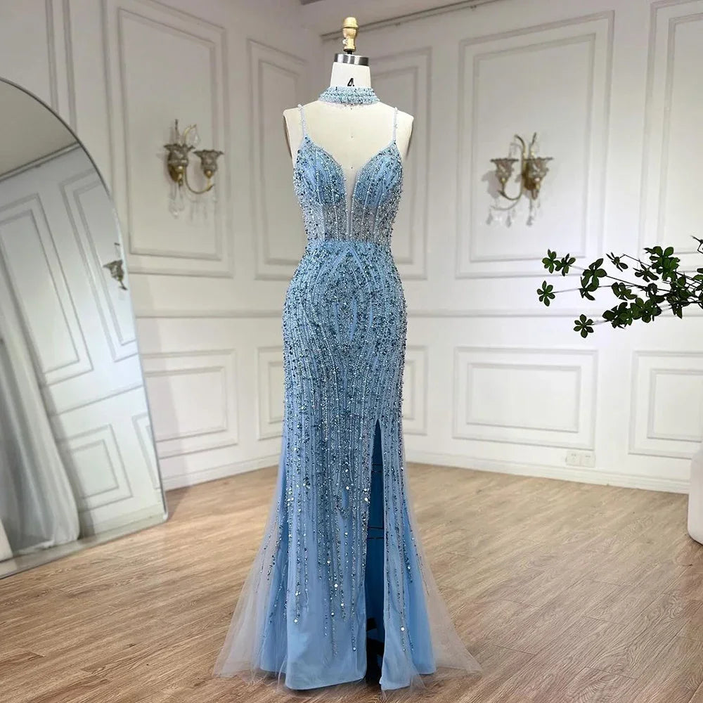 Elegant Silver Nude Mermaid Evening Dress with Beaded Spaghetti Straps & Split Design - Women's Prom Gown for Parties, Galas & Special Occasions 2025 (Style LA72047B) - Perfect for Formal Events, Wedding Receptions & Red Carpet Occasions