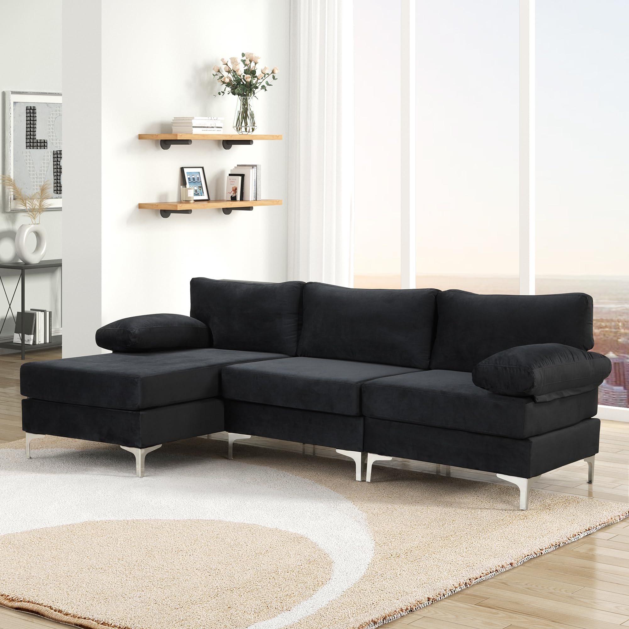 Luxury Modern Velvet L-Shaped Sectional Sofa with Chaise Lounge - Casa Andrea Milano Large Fabric Couch in Onyx Black - Perfect for Living Room, Lounge & Family Gatherings