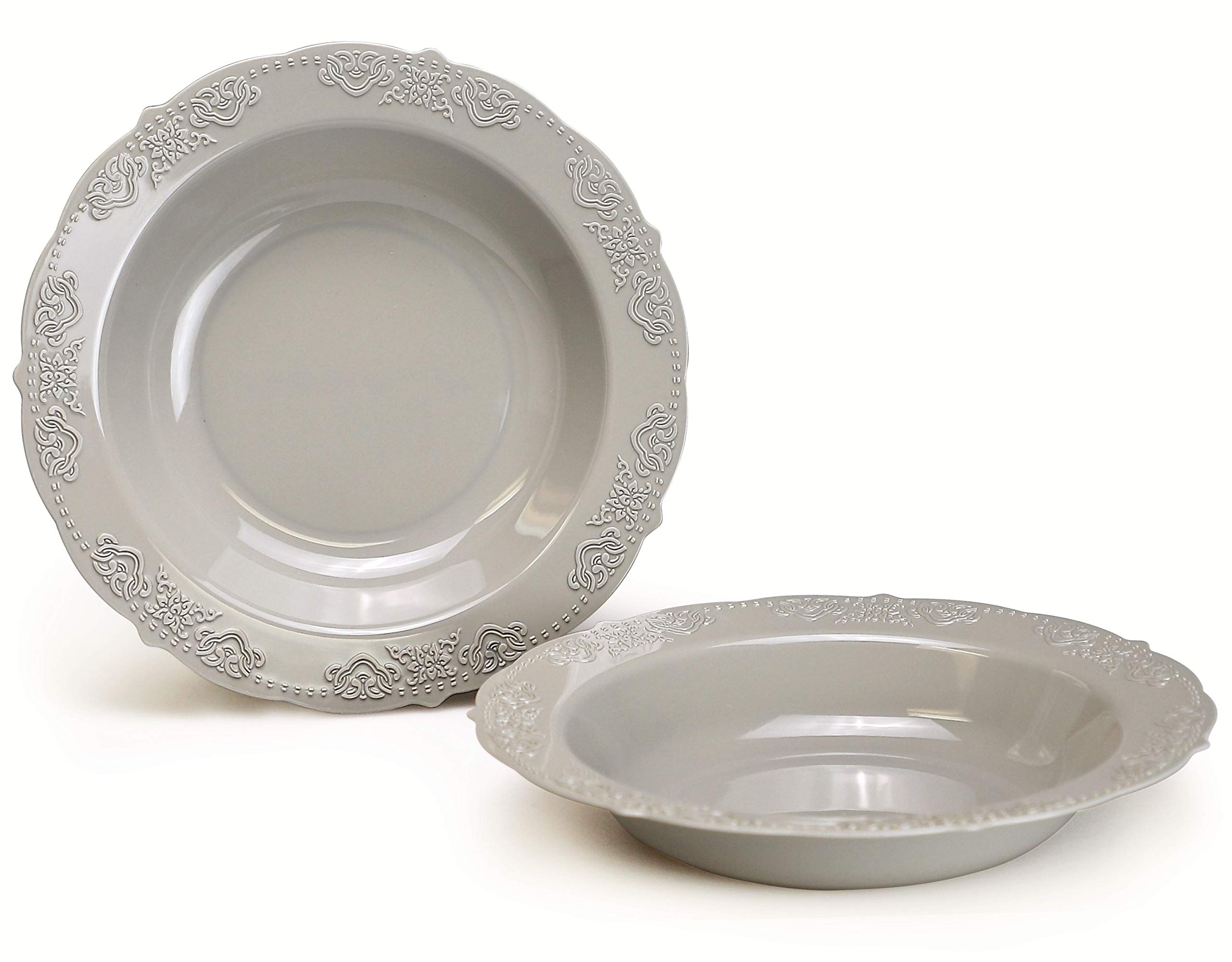 60 Pack Vintage Disposable Plastic Plates & Bowls - 10oz Soup Bowls for Wedding, Party, Picnic, BBQ - Elegant Warm Gray Portofino Design