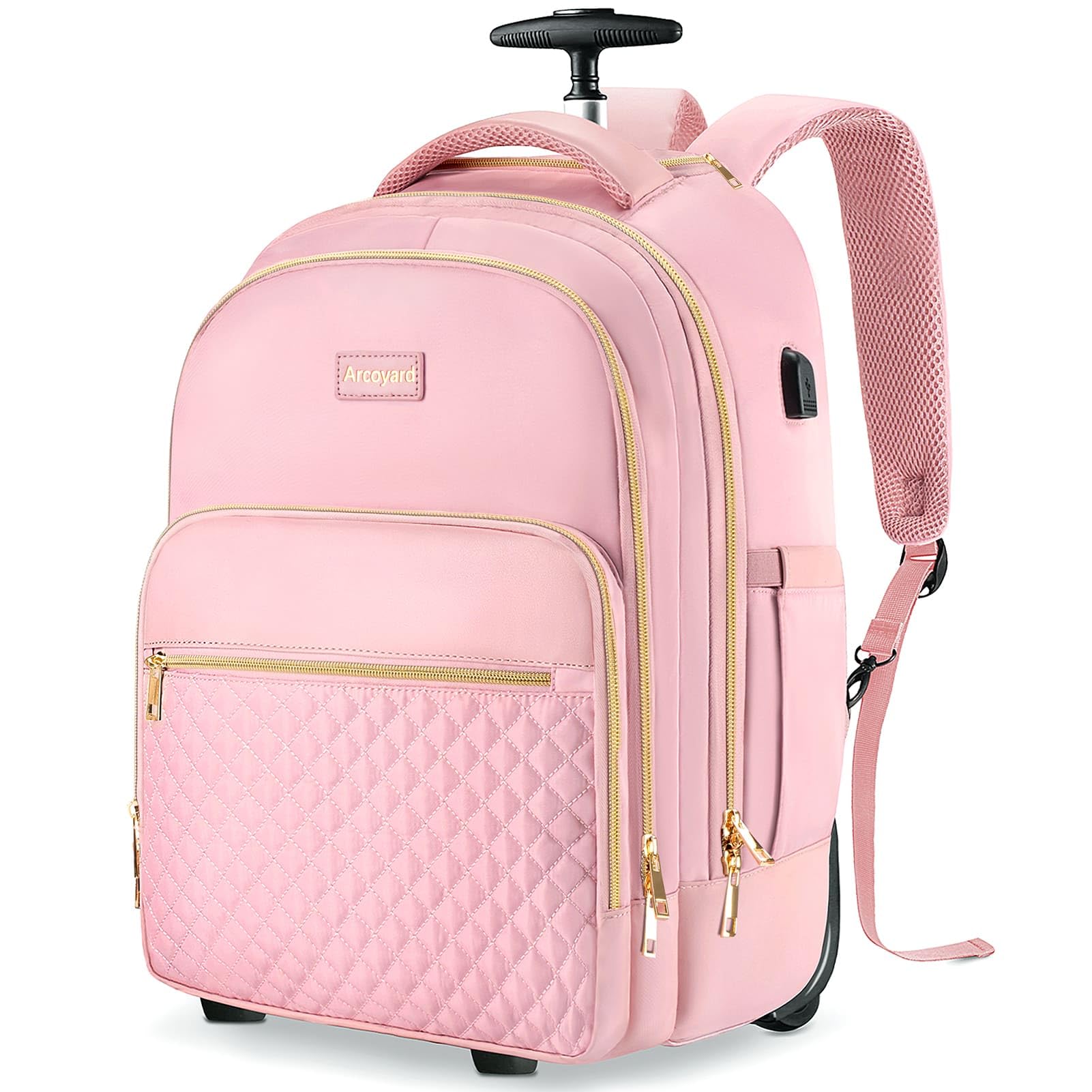 40L Rolling Backpack for Women - Pink Gold Wheeled Carry-On Luggage for Travel