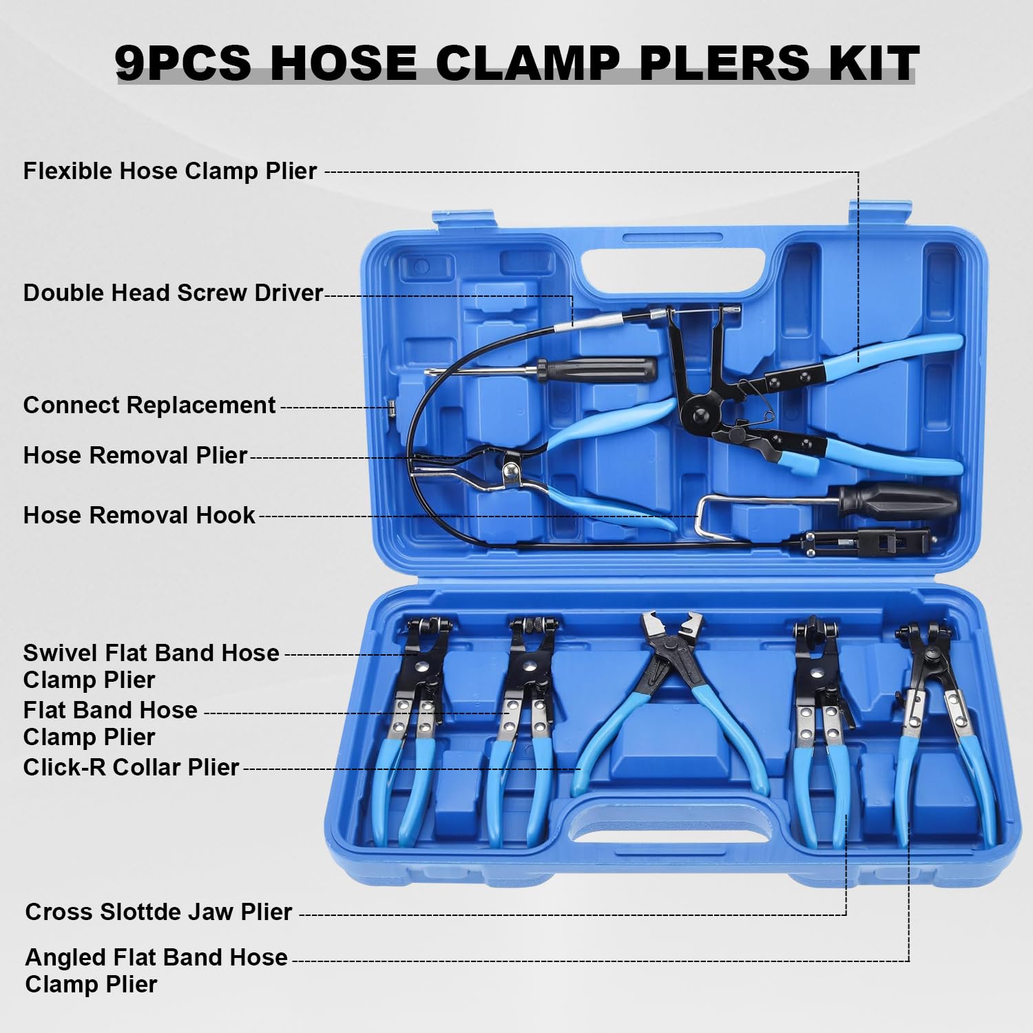 9-Piece Hose Clamp Pliers Tool Set - Long Reach Wire Spring Hose Clamp Remover - Universal Automotive Fuel Oil Water Hose Removal Kit for Car, Truck & DIY Repairs