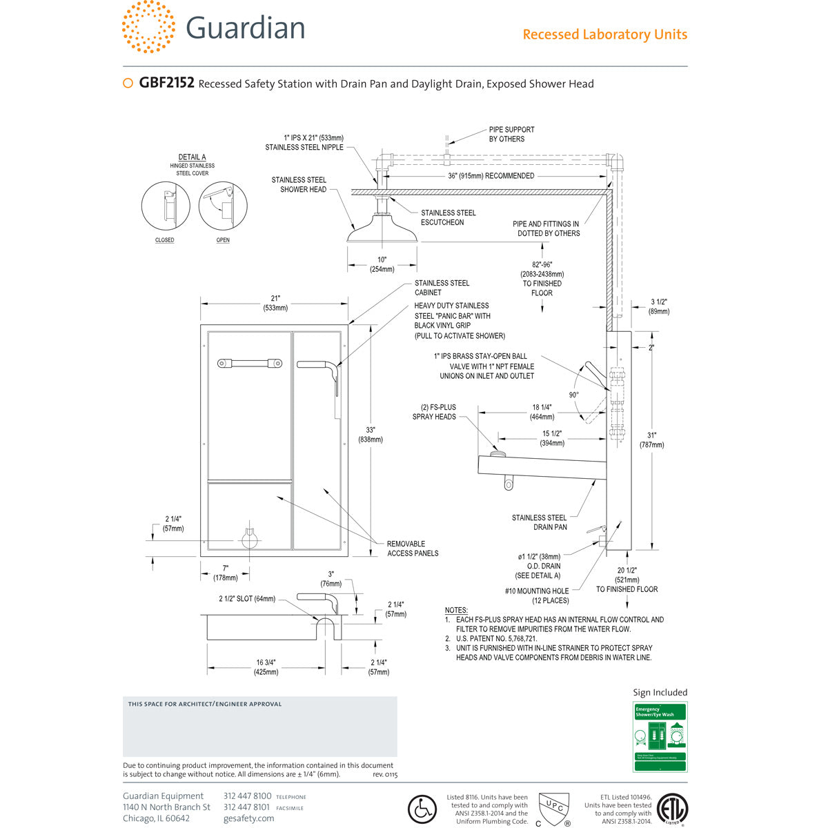 GBF2152 Recessed Laboratory Safety Station - Ceiling Mounted Emergency Shower & Eye Wash Station for Labs, Industrial & Chemical Workplaces | ANSI Compliant Safety Equipment