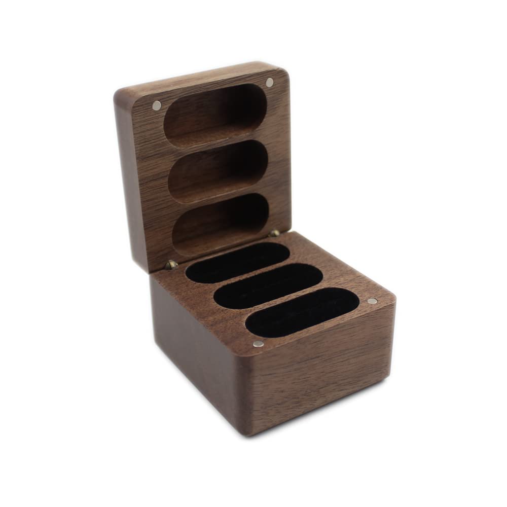 Solid Black Walnut Wood Ring Box for Wedding - Rustic Square Engagement Ring Holder with Soft Velvet Slots Holds 3 Rings - Perfect for Wedding Ceremony, Proposal, Anniversary Gift for Men & Women