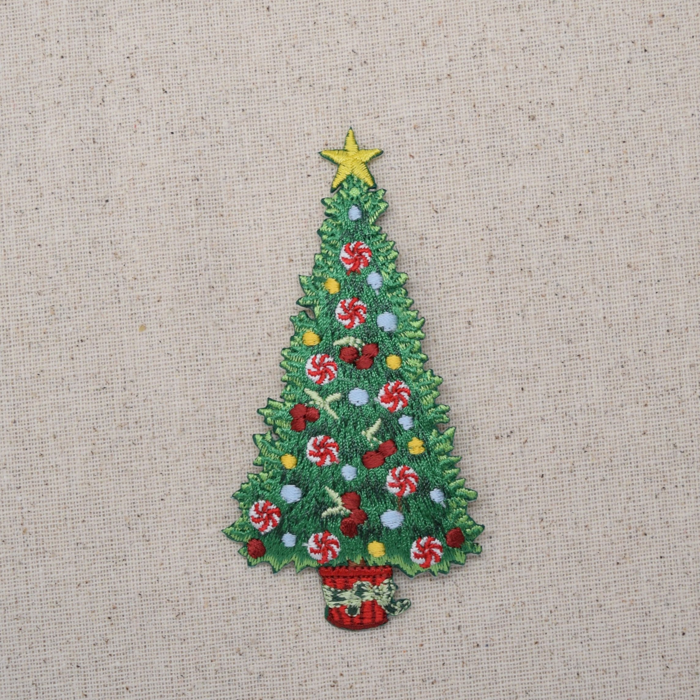 Christmas Tree with Yellow Star Embroidered Iron-On Patch - DIY Holiday Decor for Jackets, Hats & Bags | Festive Sewing Craft Supplies