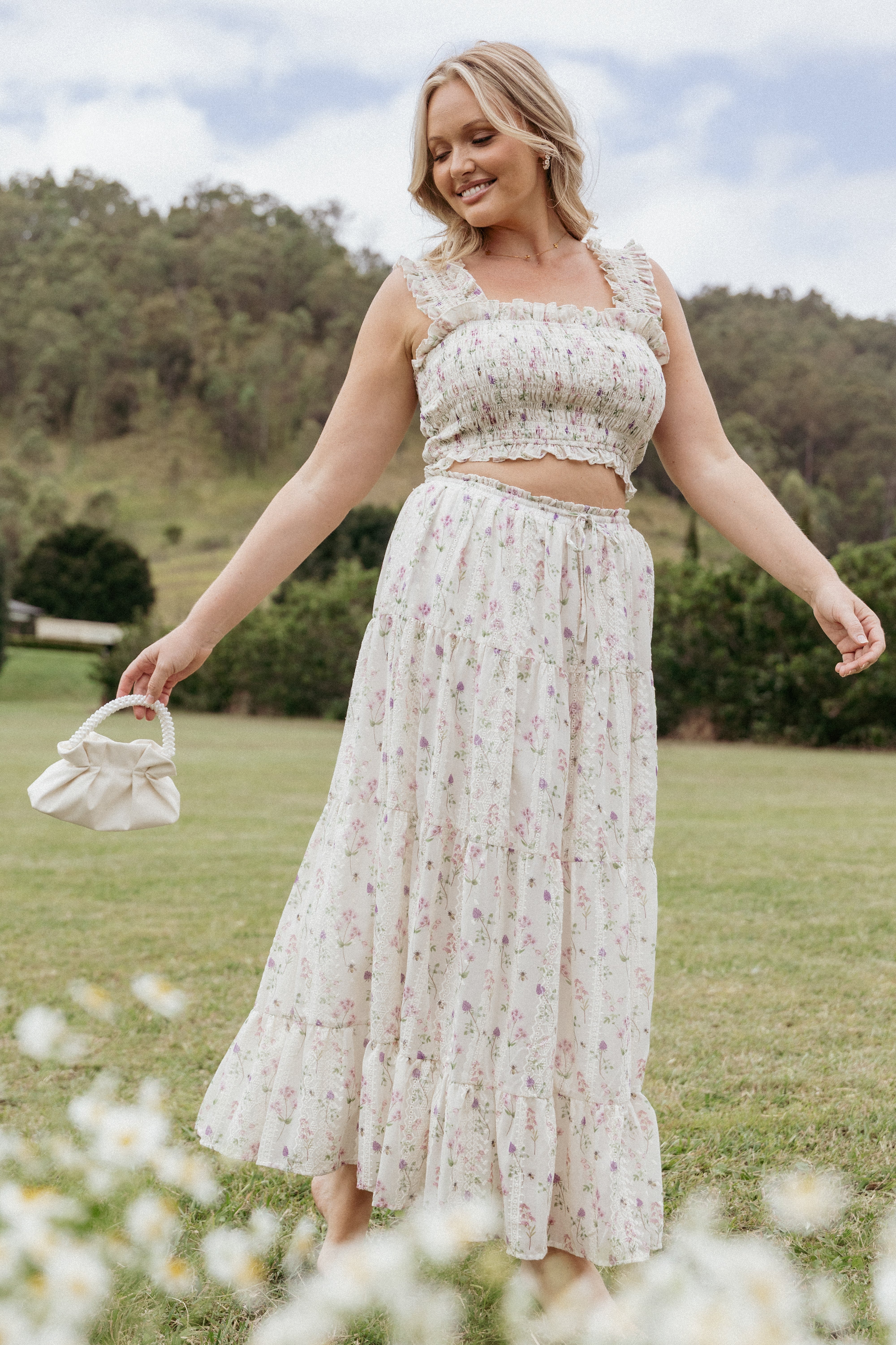 Amberlyn Maxi Skirt - Flowy Pink Floral Print Long Skirt for Women | Perfect for Summer, Beach, and Boho Fashion Outfits