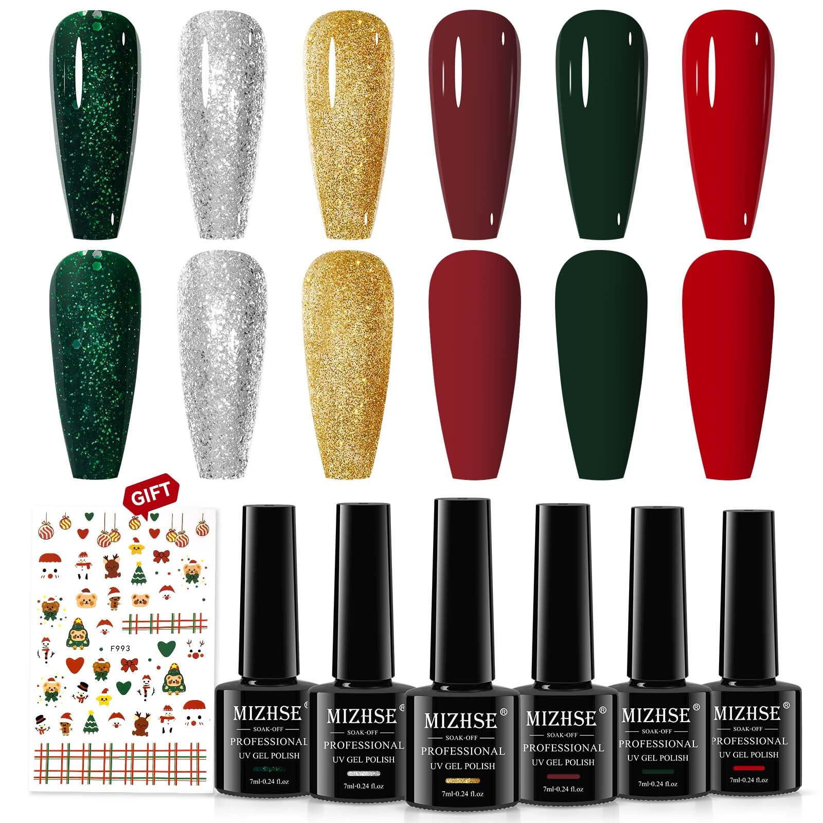 MIZHSE 6 Colors Gel Nail Polish Set - Sparkle Green Glitter, Gold, Silver, Dark Green & Red Soak Off Nail Art Kit | Home Manicure & Party Nails | Perfect Christmas & New Year Gifts for Women