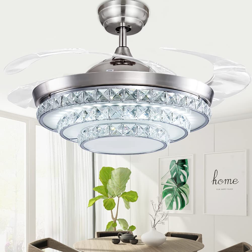 42 Inch Crystal Ceiling Fan with Light and Remote Control - Modern LED Chandelier Fan with Retractable Blades for Dining Room, Living Room, Bedroom - Silver Finish - Energy Efficient & Quiet Operation