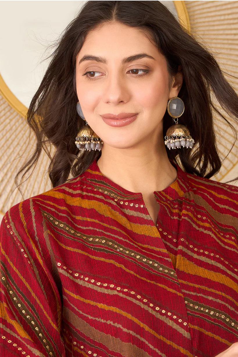 Stylish Red Cotton Blend Leheriya Printed Tunic Top for Women | Comfortable Casual Wear | Perfect for Summer Outfits, Beach Vacations & Boho Fashion