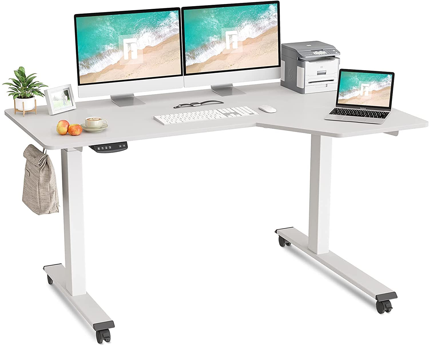 FEZIBO Reversible L-Shaped Electric Standing Desk - 55 Inch Height Adjustable Sit Stand Workstation with Splice Board (White Frame/White Top) | Perfect for Home Office, Gaming Setup & Workspace Ergonomics