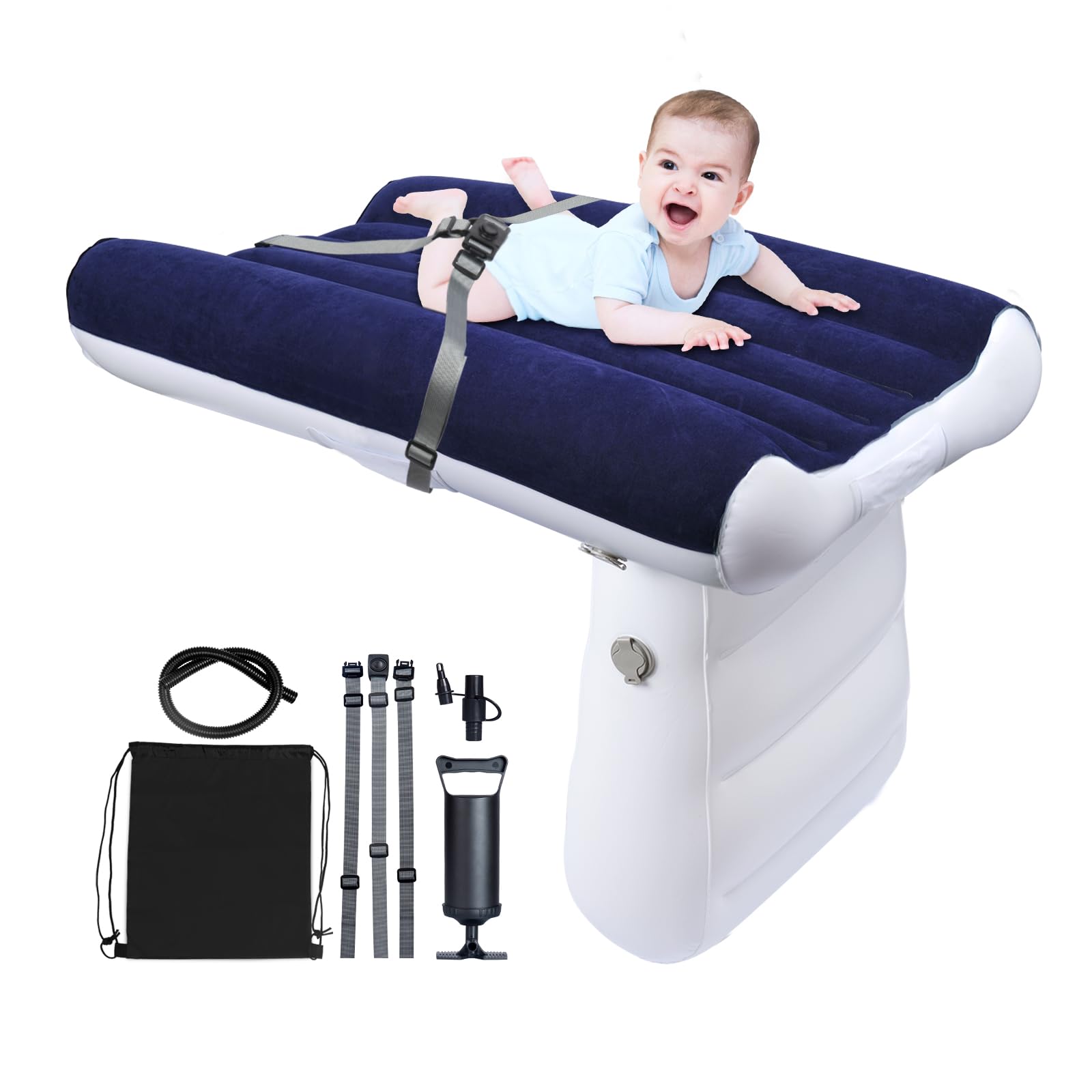 Inflatable Airplane Kids Bed - Toddler Travel Bed with Hand Pump, Seat Belt & Carry Bag | Portable Baby Travel Bed for Airplane, Car & Home | Blue
