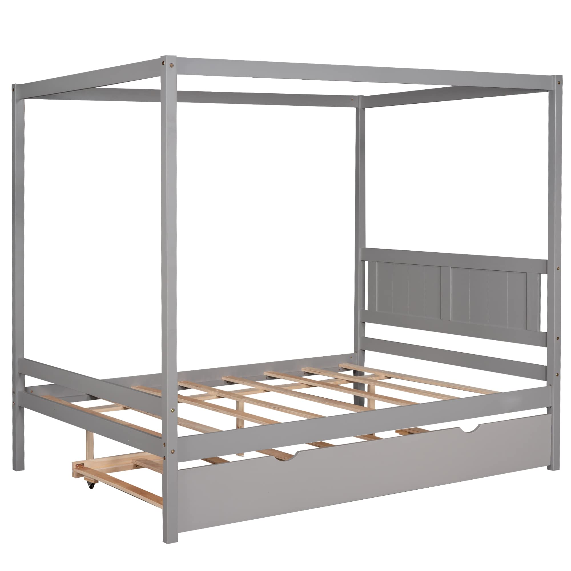 Full Canopy Bed with Trundle - Four Poster Platform Bed Frame with Headboard & Footboard, No Box Spring Required | Perfect for Guest Rooms, Master Bedrooms & Small Spaces