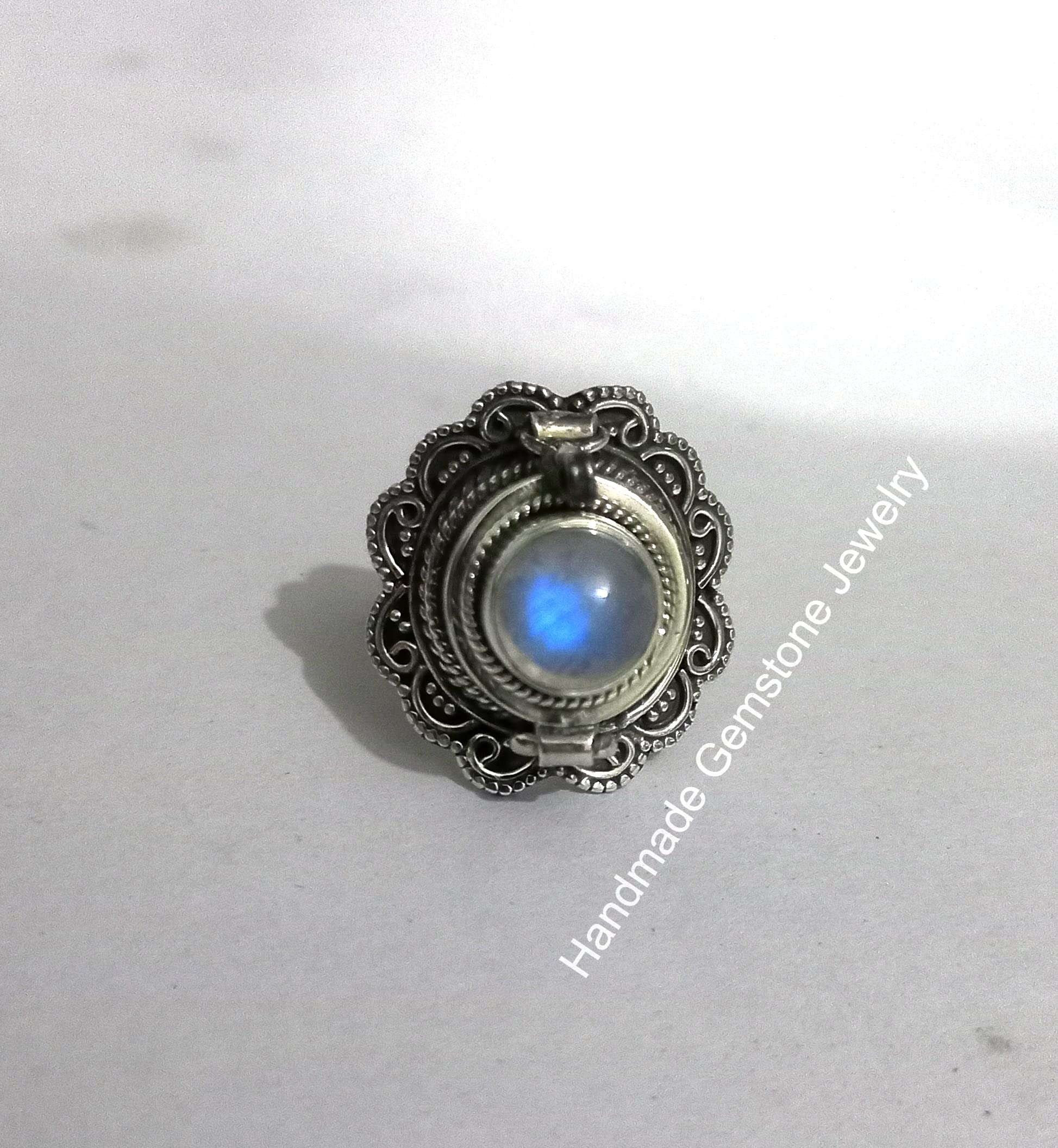 Rainbow Moonstone Poison Box Ring - Blue Flash Moonstone Gemstone Jewelry, Handmade Openable Designer Ring for Women, Unique Christmas Gift for Her, Perfect for Parties, Engagements & Special Occasions
