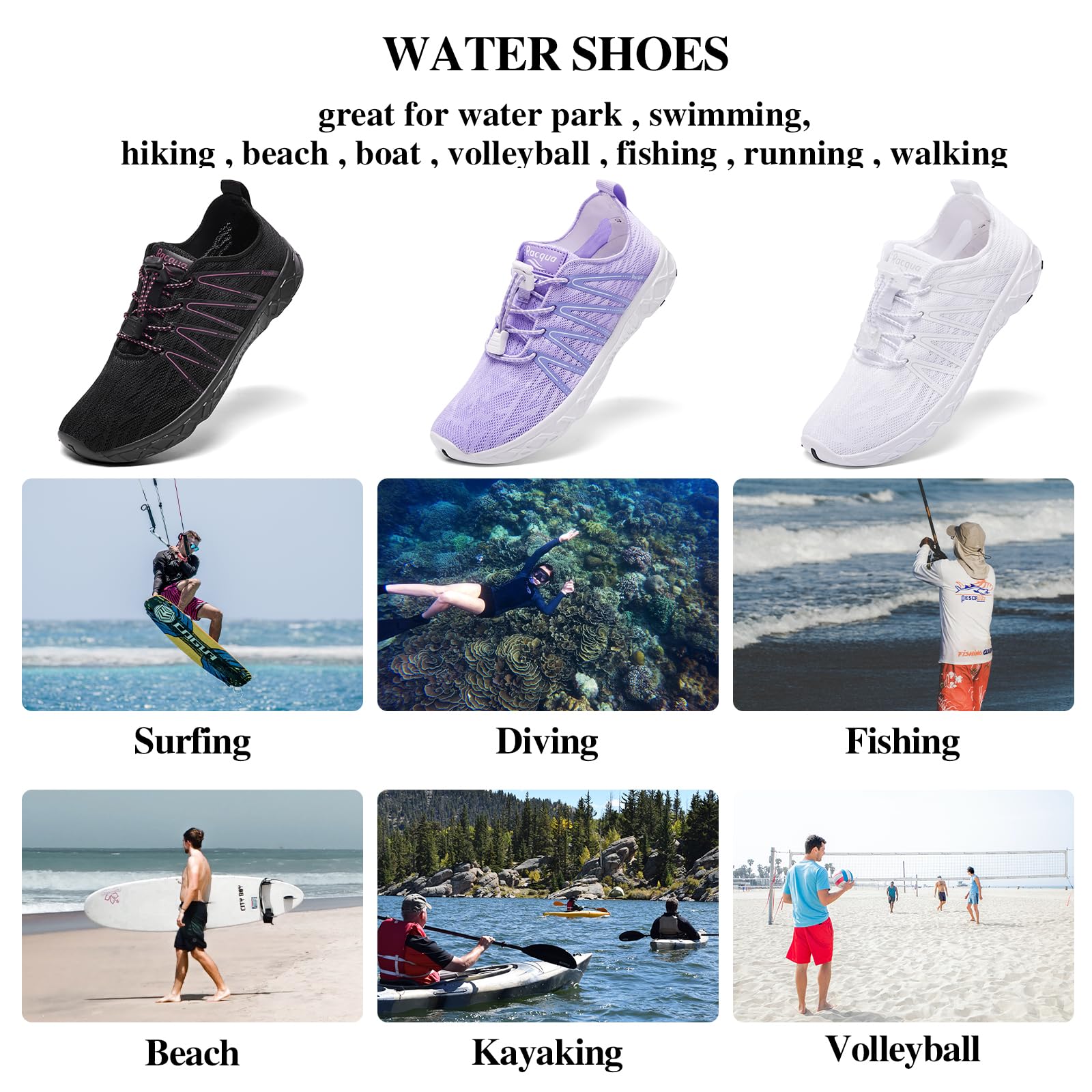 Racqua Water Shoes for Women & Men - Quick-Dry Aqua Swim Shoes for Beach, Pool, Surfing & Water Sports
