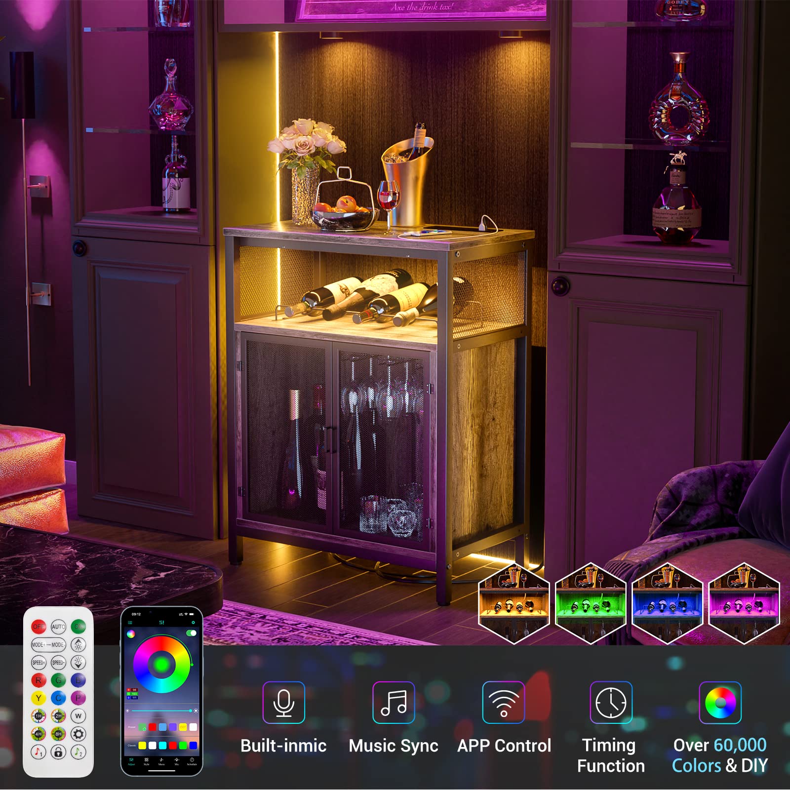 Unikito Modern Wine Bar Cabinet with RGB LED Lighting & Built-in Outlet - Freestanding Wine Rack Table with Glass Holder - Black Oak Floor Bar Cabinet for Home, Kitchen & Dining Room - Perfect for Entertaining Guests & Storing Liquor Bottles