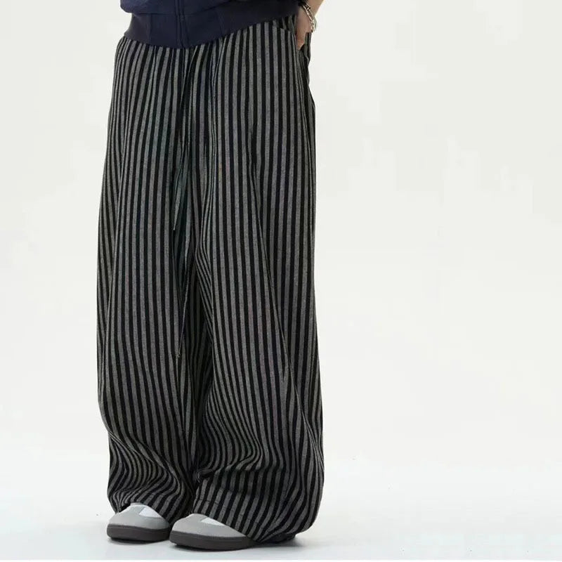 Men's Striped Casual Pants - Elastic Waist Drawstring Loose Fit Straight Wide Leg Trousers with Pockets | Autumn Fashion | Perfect for Work, Travel & Everyday Wear