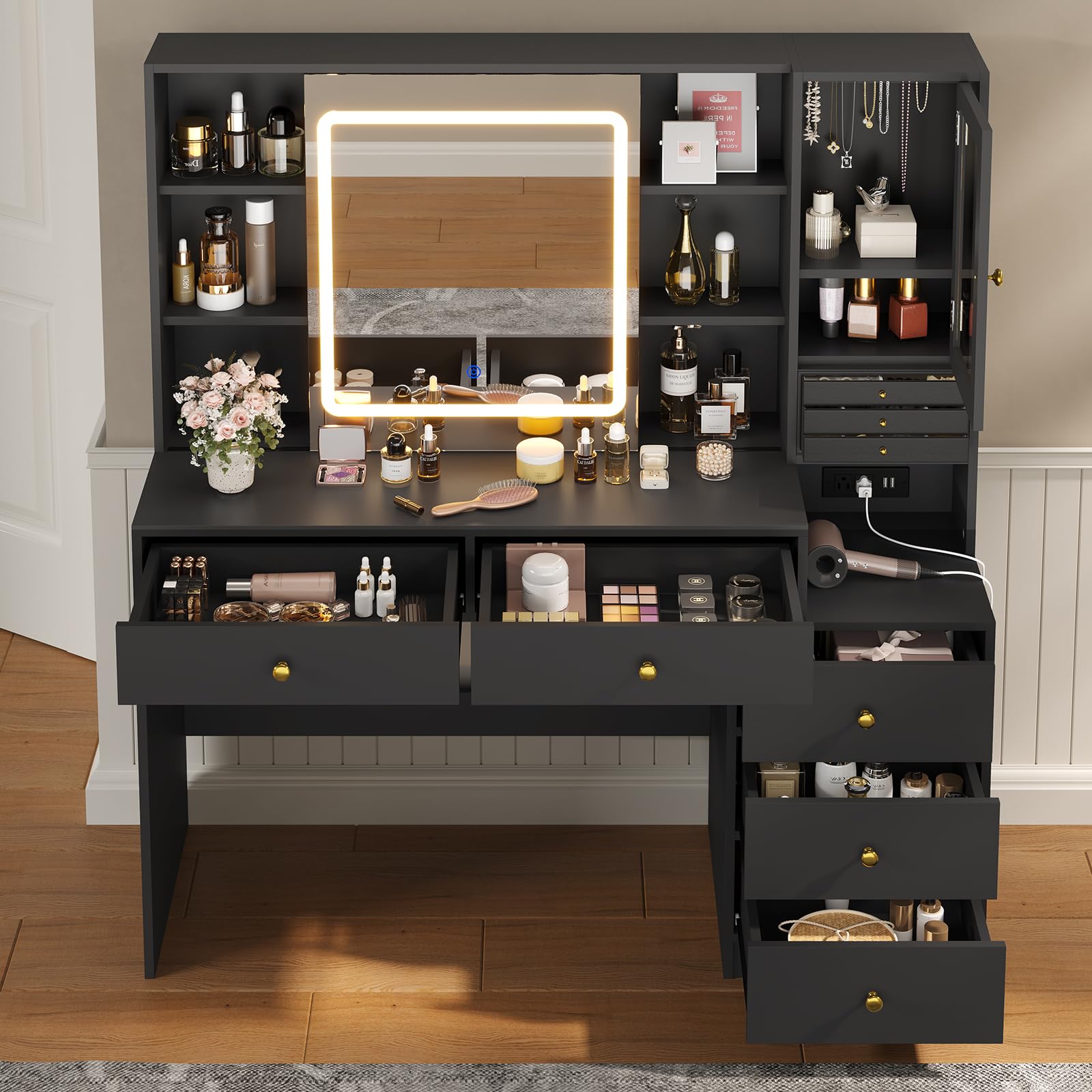 Modern Black Makeup Vanity Desk with LED Lighted Sliding Mirror & Jewelry Organizer - 5-Drawer Dressing Table for Beauty & Cosmetics Organization - Perfect for Bedroom, Dorm, or Salon Makeup Station