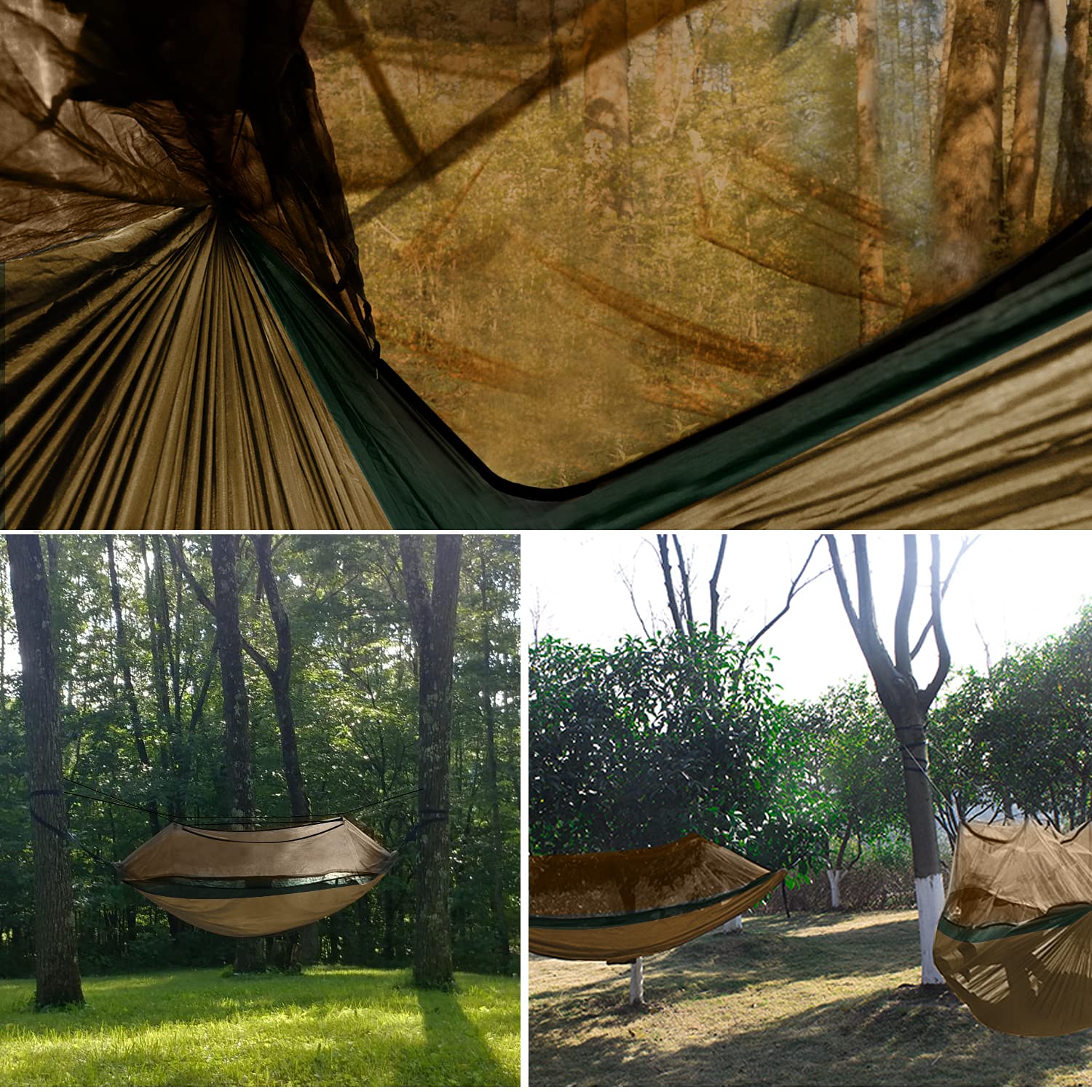 Gold Armor Camping Hammock with Mosquito Net - Heavy Duty Double Hammock for Outdoor Adventures, Backpacking, Travel & Beach - Portable Lightweight Camping Gear (Khaki & Green) - Perfect for Backyard Relaxation, Forest Camping & Beach Lounging
