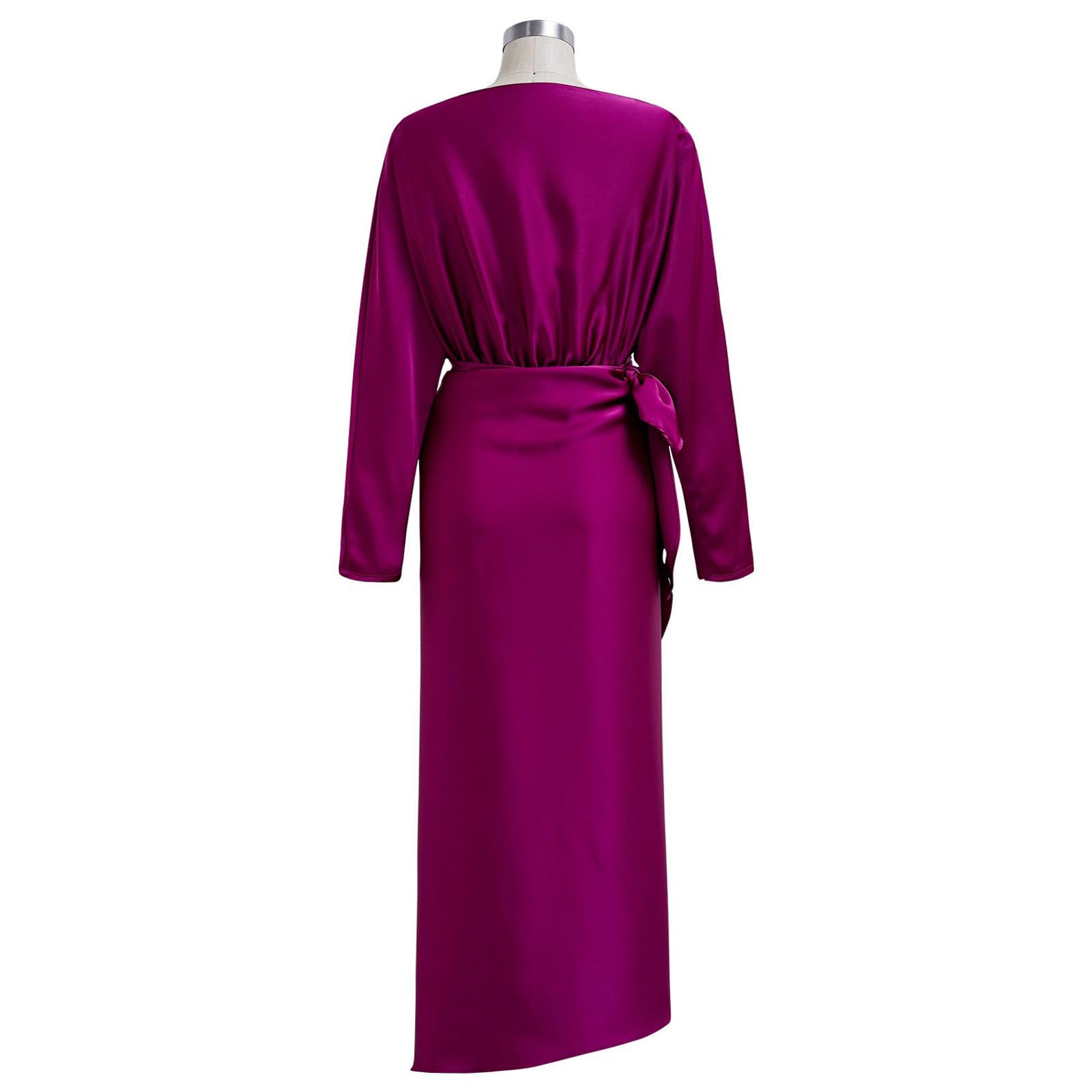 CHICWISH Women's Satin Long Sleeve Maxi Dress - Elegant Boat Neck Wrap Waist Casual Spring Dress in Magenta | Perfect for Weddings, Parties & Date Nights