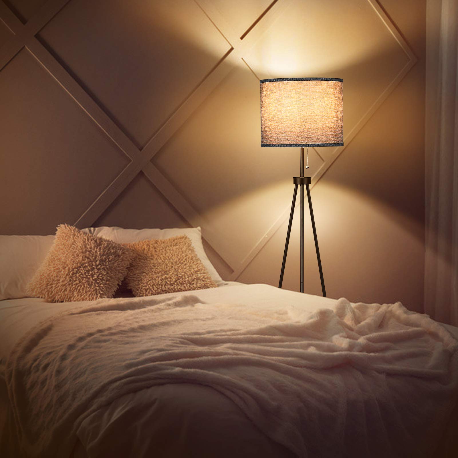 Tomshine LED Tripod Floor Lamp with Grey Cylinder Shade - Adjustable Standing Tall Lamp with Pull Chain Switch for Living Room, Bedroom, Office & Studio - Perfect for Reading, Working & Relaxing