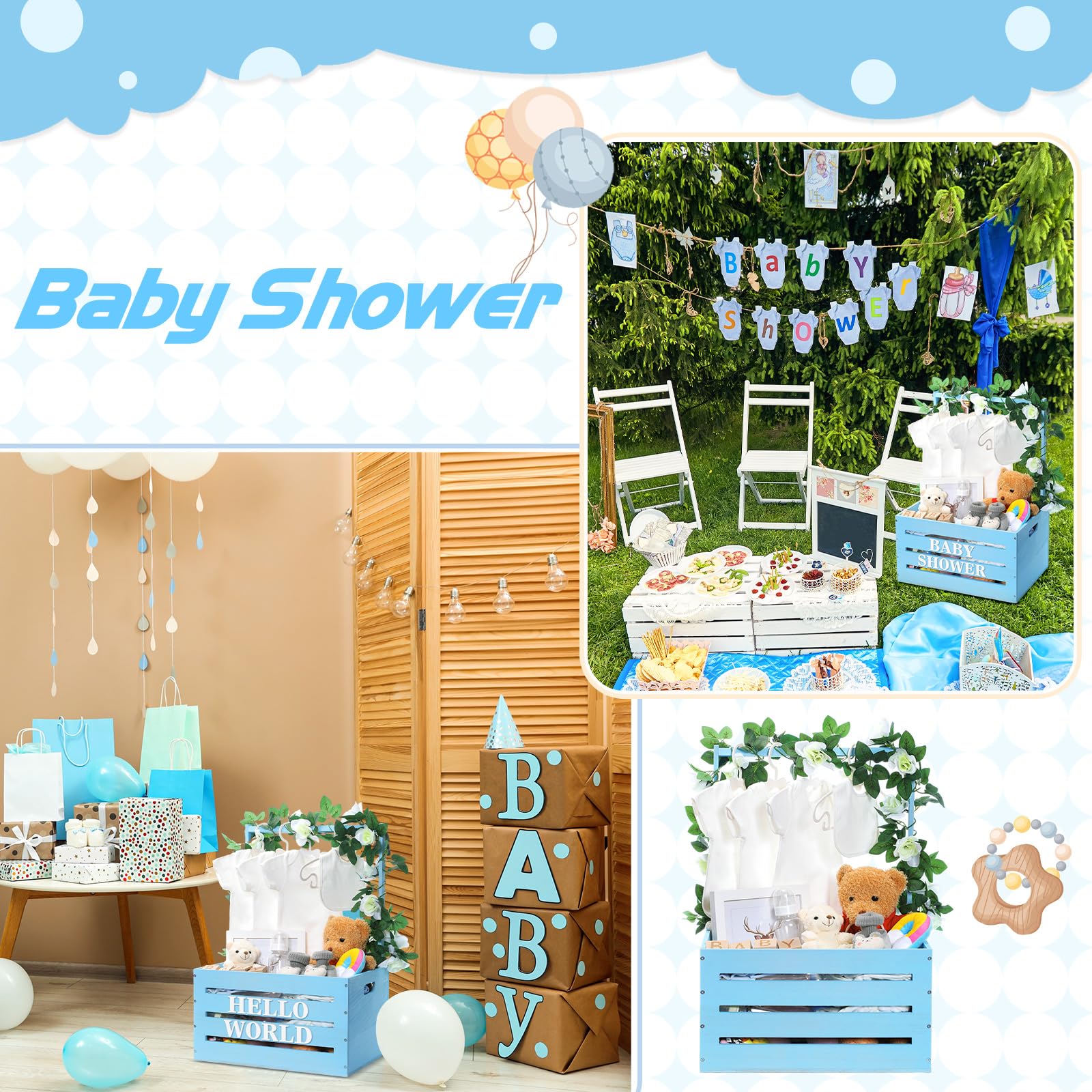 Barydat Wooden Baby Shower Storage Crate - Handmade Baby Basket with Handle & Garland Decor, Nursery Hamper for New Parents - Perfect for Baby Showers, Gender Reveals & Nursery Organization (Blue)