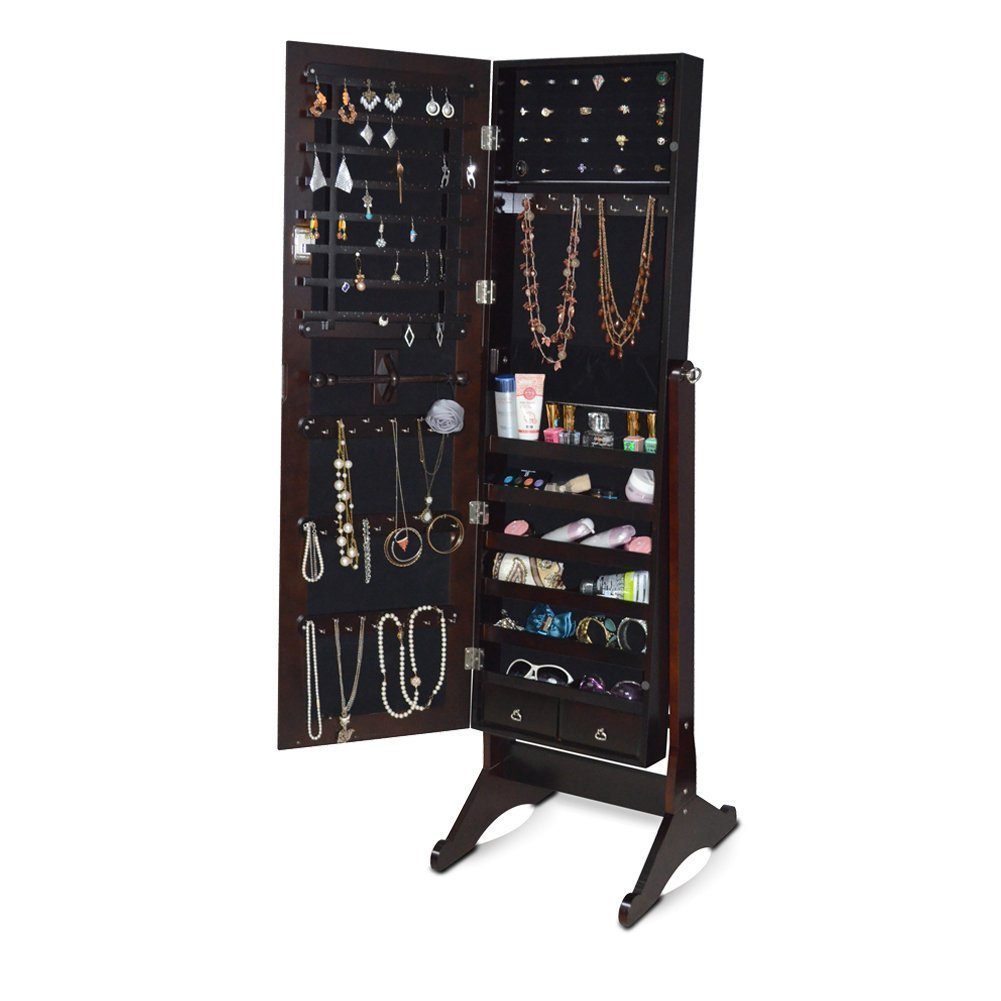 Mirrored Jewelry Cabinet Armoire Stand with Lock - Espresso Finish for Bedroom & Closet Organization | Jewelry Storage with Mirror & Multiple Drawers