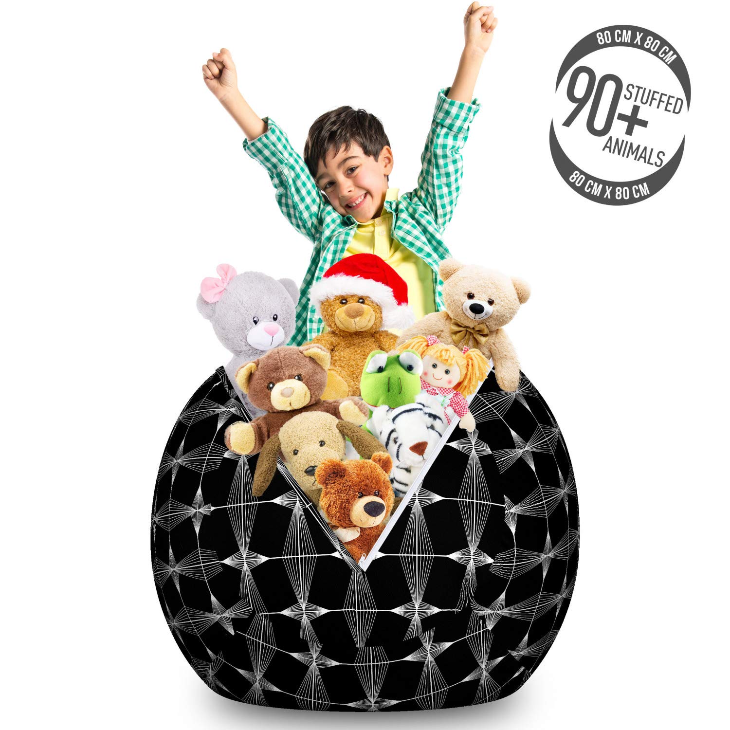 Ambesonne Large Washable Toy Storage Bag Chair - Charcoal Grey & White Symmetrical Trellis Design - Stuffed Animal Organizer for Kids' Room, Nursery, or Playroom - Perfect for Home Organization & Decor