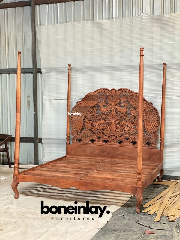 Hand Carved Woodland Four Poster Bed - Solid Wood King Size Canopy Bed Frame with Detailed Nature-Inspired Carvings | Perfect for Rustic, Farmhouse & Cabin Bedroom Decor
