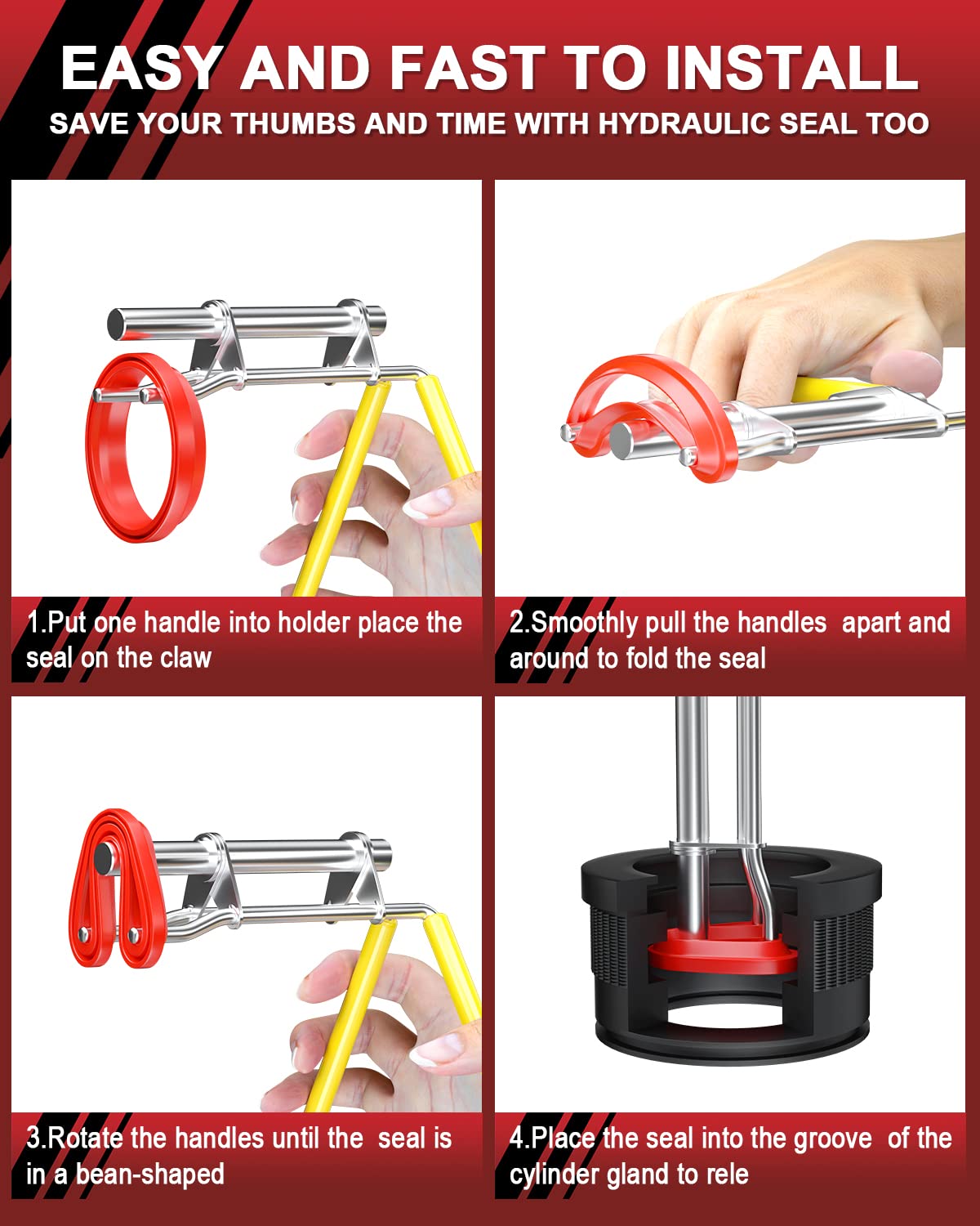 5 Pcs Hydraulic Seal Installation Tool Kit - Professional Hydraulic Cylinder Piston Repair Seal Tools with U-Cup Rod Seal Installer | Upgraded Seal Twistor Set with Pick & Hook | Perfect for Heavy Equipment Maintenance & Hydraulic System Repairs