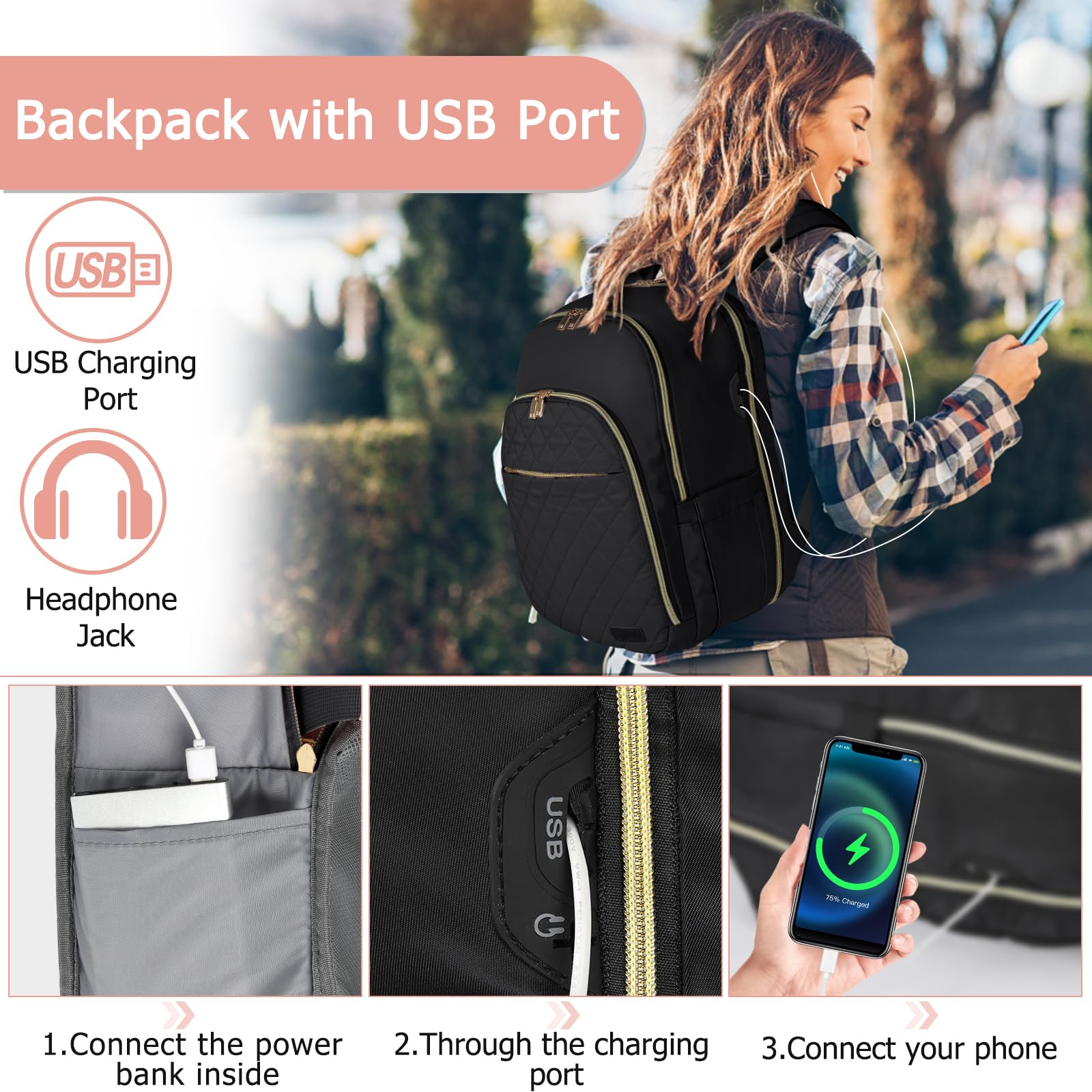 15.6 Inch Women's Travel Backpack - TSA Friendly Carry On Laptop Backpack with USB Charging Port & Headphone Jack, Waterproof College School Business Backpack (Black) - Perfect for Air Travel, Commuting & Campus Life