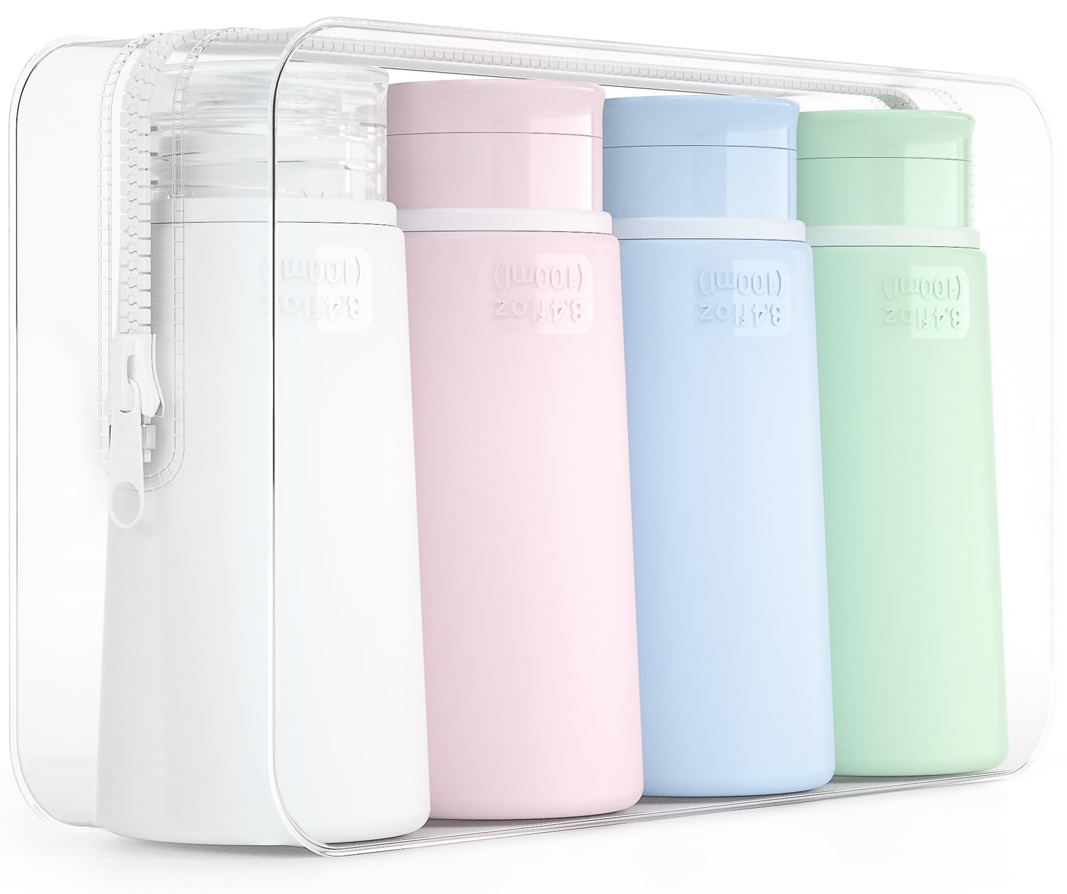 Valourgo TSA Approved 3.4oz Travel Bottles Set - BPA Free Leak Proof Toiletry Containers with Clear Carry Bag (Pink, White, Blue, Green) - Perfect for Air Travel, Camping & Gym Essentials