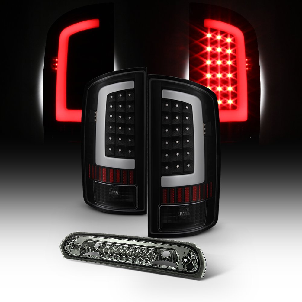 AKKON LED DRL Light Tube & Black Smoke Tail Light + 3rd Brake Lamp Assembly for 2003-2006 Dodge Ram 1500 2500 3500 - Upgrade Your Truck's Style & Safety for Night Driving & Off-Road Adventures