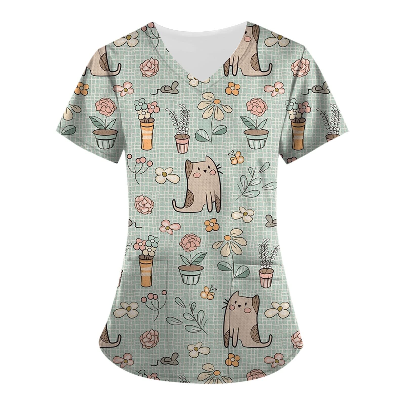 Cute Cartoon Cat Print V-Neck Short Sleeve Scrub Top for Women with Pockets - Green Small | Comfortable Medical Uniform for Nurses & Healthcare Workers