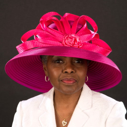 Fuchsia Satin Women's Dress Hat - Elegant Wide Brim Sun Hat for Weddings, Garden Parties & Summer Outfits | NA1071