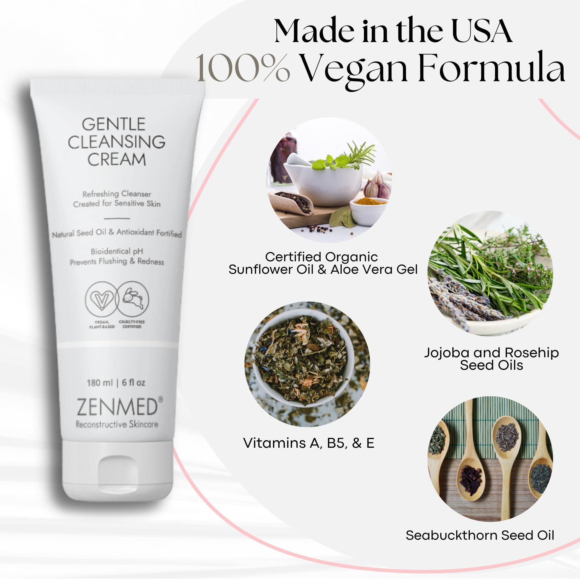 ZENMED Gentle Cleansing Cream - 6 oz | 100% Natural Vegetarian Formula with Sea Oil & Antioxidants | Redness Relief & Flush Control | pH 6.0 Soap-Free Face Wash for Sensitive Skin | Daily Skincare Routine & Post-Procedure Care