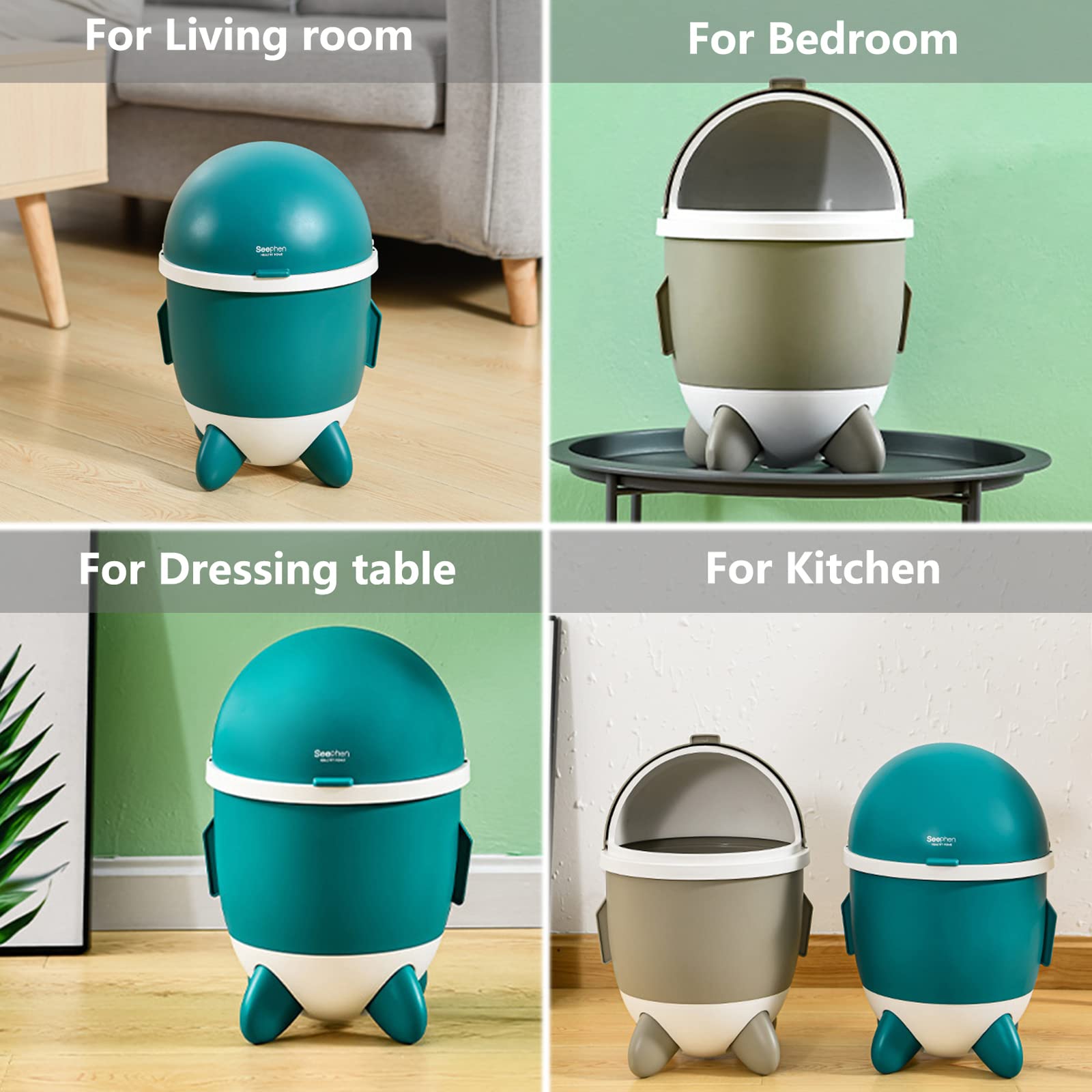 Large Capacity Rocket-Shaped Plastic Trash Can with Lid - Removable Clamshell Design - Odor-Proof Waste Bin for Bathroom, Kitchen, Office & Dorm Room (Grey) - Perfect for Small Spaces & Home Organization