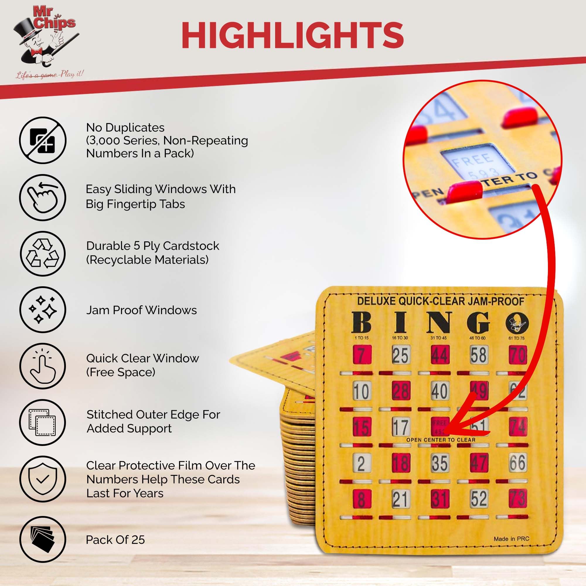 MR CHIPS Jam-Proof Quick-Clear Deluxe Fingertip Slide Bingo Cards with Sliding Windows - 100 Pack Woodgrain Style - Perfect for Bingo Nights, Family Game Nights, and Senior Activities