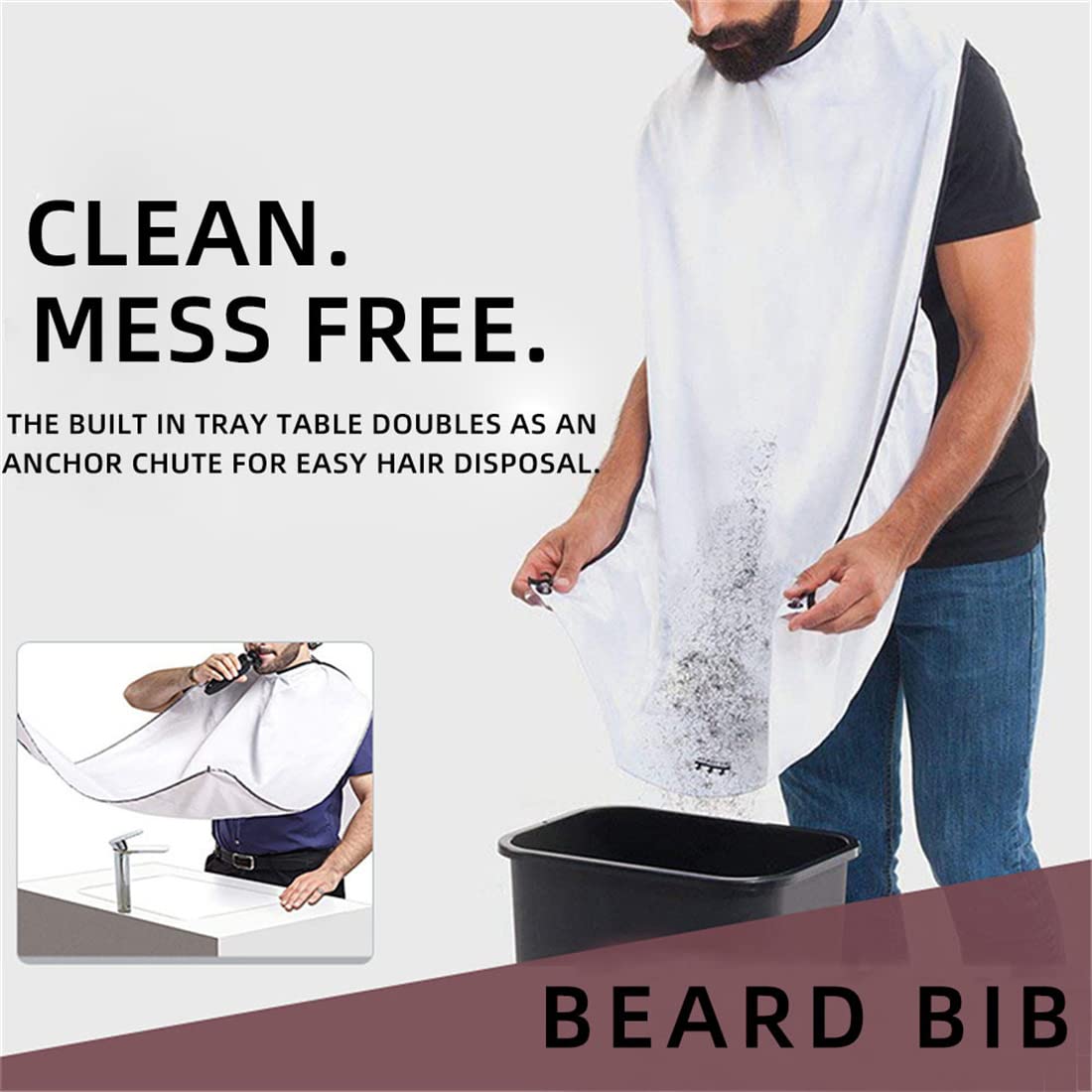 SAIJINZHI Men's Beard Shaving Apron - Waterproof Barber Cape for Beard Trimming & Grooming - Hair Catcher Bib with Pocket for Shaving Accessories - Bathroom Organizer for Men (White) | Perfect for Home Barbering, Salon Use & Travel Grooming Kit