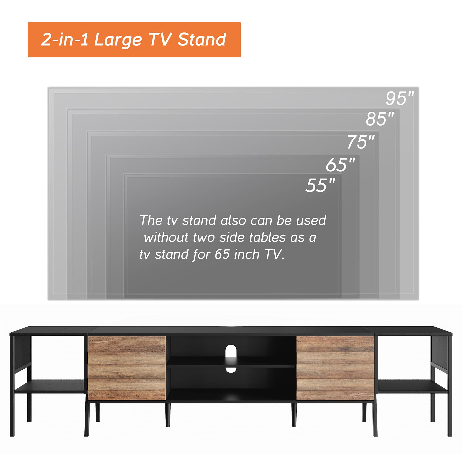 WAMPAT Mid-Century Modern TV Stand for 85-95 Inch TVs, Wood Entertainment Center with Storage - Media Cabinet for Living Room & Bedroom (Black & Oak) - Perfect for Home Theater & Family Movie Nights