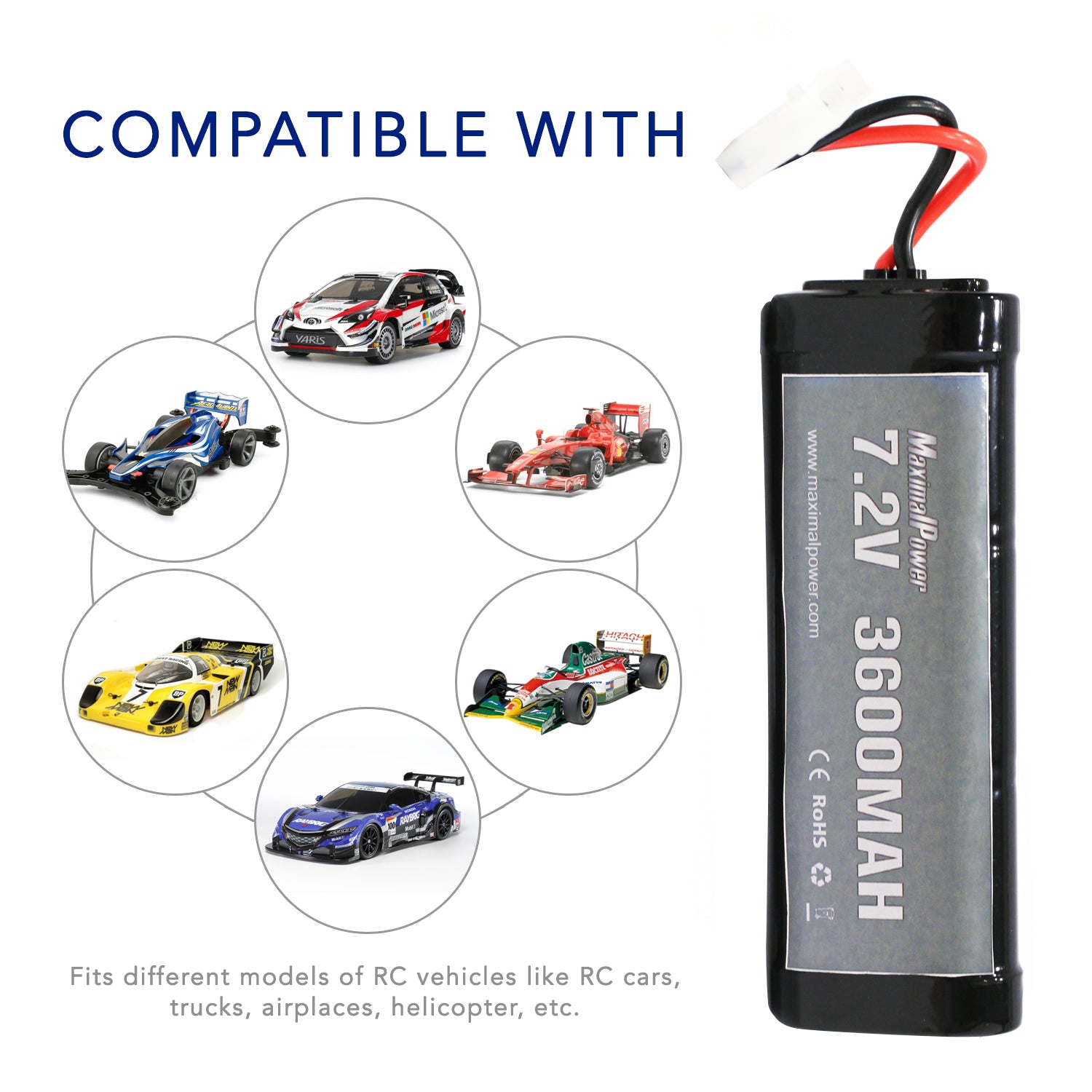 MaximalPower 7.2V 3600mAh Rechargeable Battery Pack for RC Cars, Trucks, Airplanes & Remote Control Vehicles - Long Lasting Power for Hobby Toys & Racing Drones (Perfect for Outdoor Play & RC Competitions)