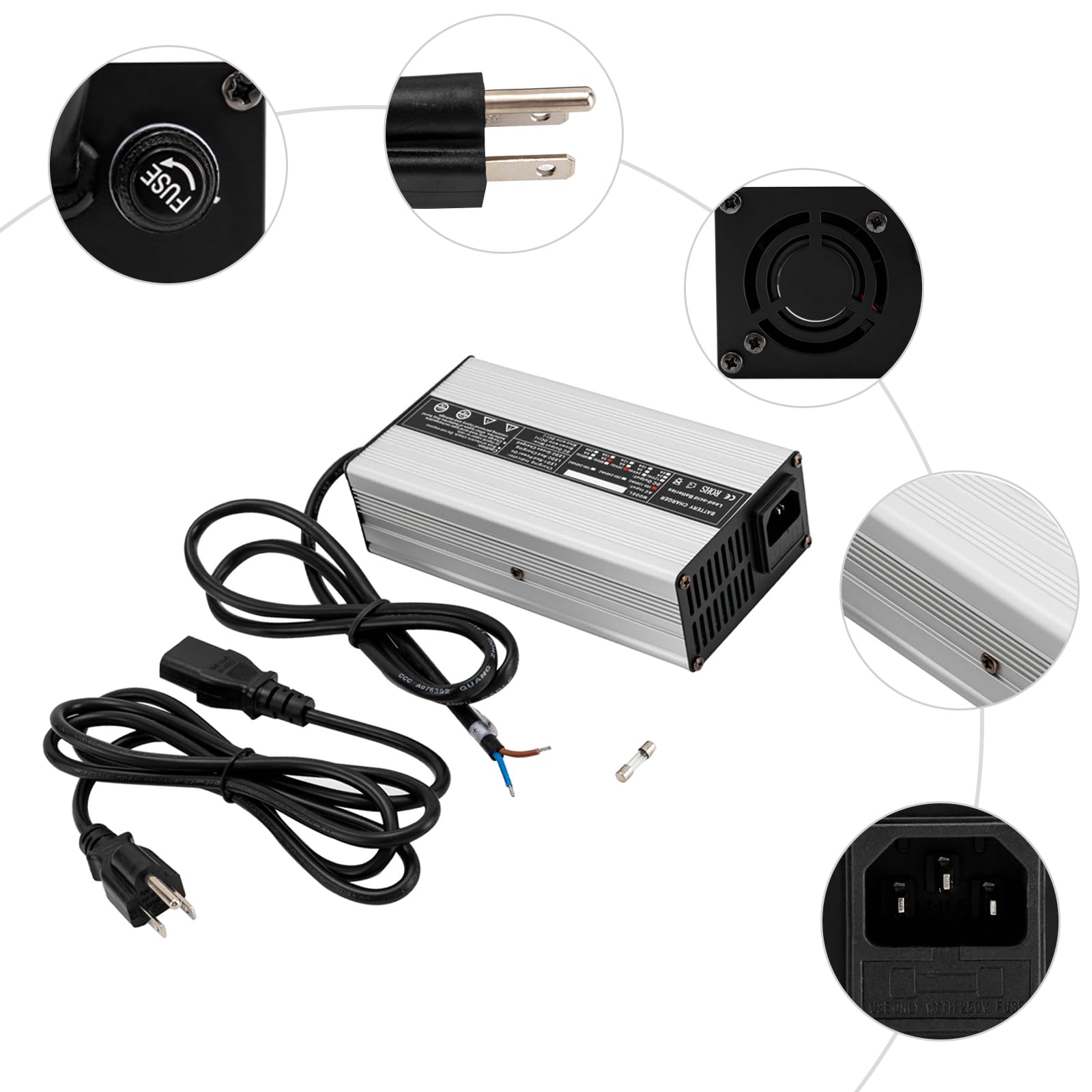 220W 36V Golf Cart Battery Charger - 5 Amp Fast Charging with LED Indicator & Power-Wise Cable - 110V Input for Club Car, EZGO, Yamaha - Perfect for Home, Course & RV Use (Silver & Black)